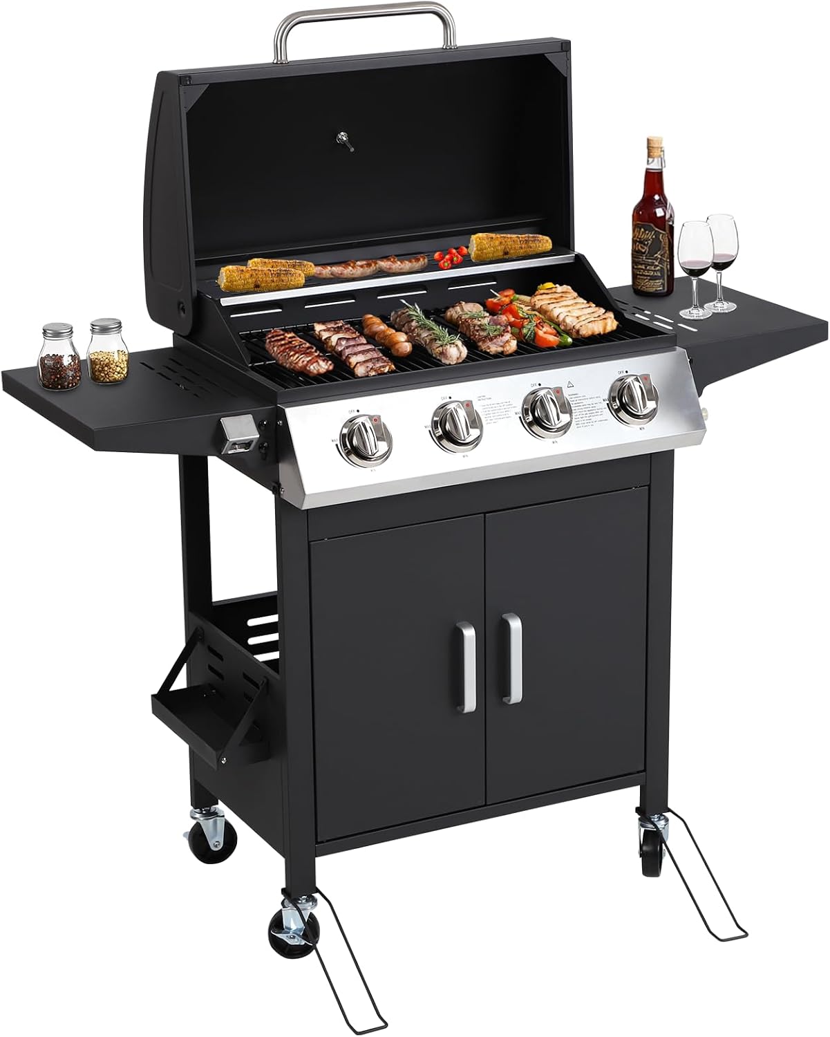 Sgemart 4-Burner Propane Gas Grill, 40,000 BTU Stainless Steel BBQ Grill with Foldable Side Tables, Side Burner & Wheels for Outdoor Cooking, Patio & Backyard