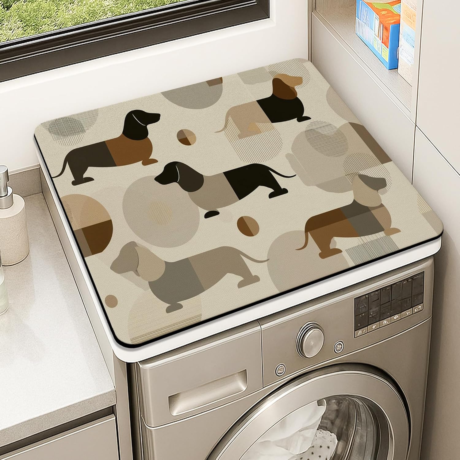 Dachshund Washer Dryer Top Protector Mat, Retro Geometric Dog Print Laundry Machine Dust Top Covers, Modern Rubber Anti-slip Waterproof Washer And Dryer Mats for Laundry Room 24x24 Inch