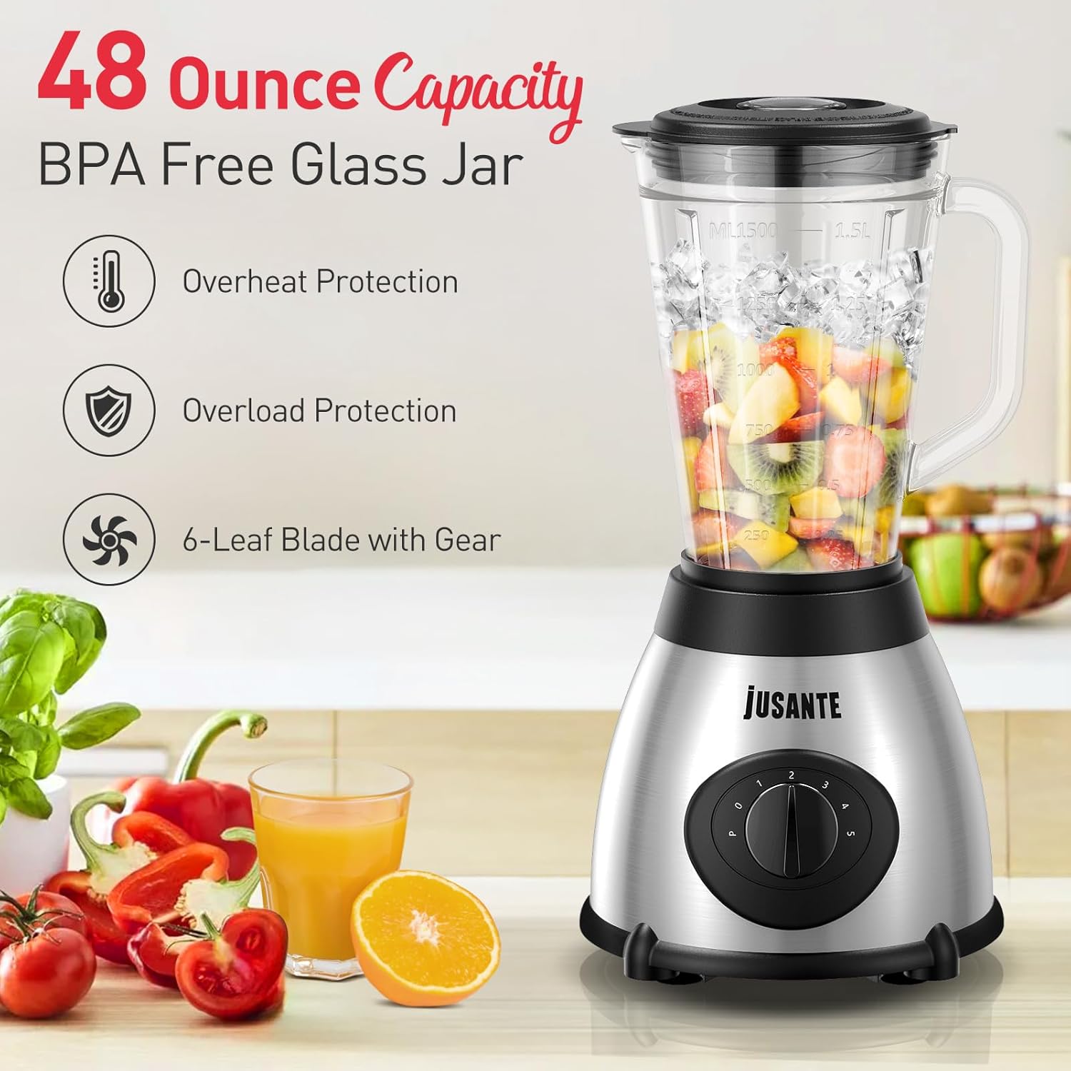 Blender for Smoothies, 1000W Glass Blender for Kitchen Countertop with 48oz Glass Jar Ice Crusher or Juice, Milkshake, Dessert