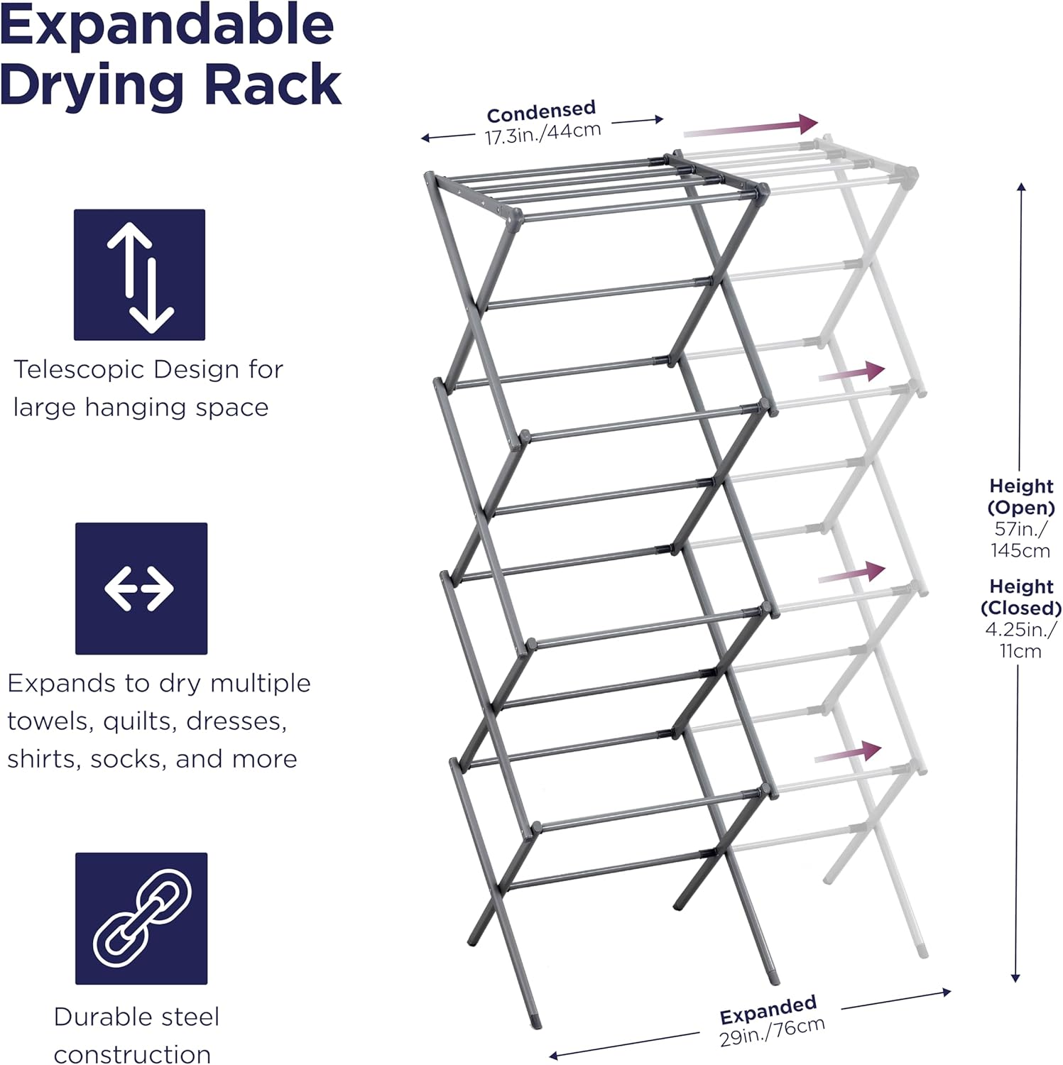 BLACK+DECKER 4-Tier Expandable Collapsible Clothes Drying Rack, Telescopic Height, Foldable Space-Saving Laundry Air Dryer for Towels, Shirts & Delicates – Durable Steel, No Tools Needed