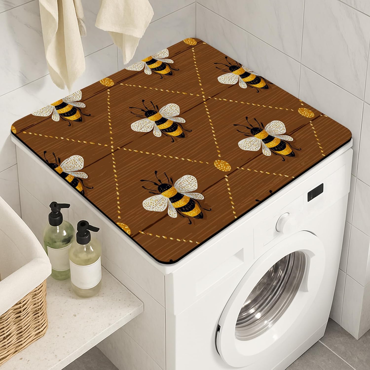 Bee Pattern Washer Dryer Top Protector Mat, Rustic Farmhouse Honeybee Laundry Machine Dust Covers, Summer Decor Rubber Anti-slip Waterproof Washer And Dryer Mats for Laundry Room 24x24 Inch