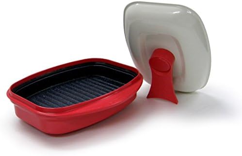 Microwave Grill Pan with Lid for Grilling, Browning, and Crisping Vegetables, Sandwich, & Meat, Red