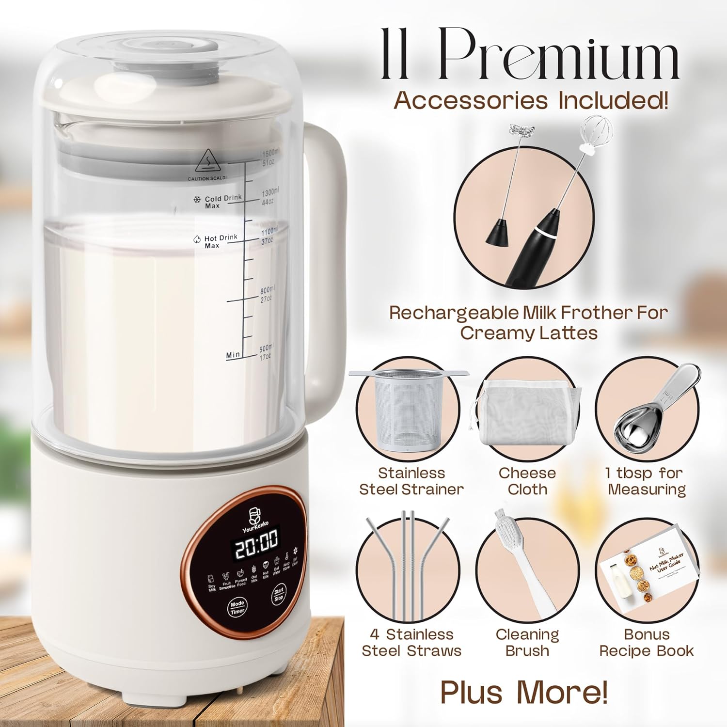 New 8-in-1 Nut Milk Maker 50 oz– Almond, Soy, Oat, Coconut Milk, Dairy-Free Milk, Plant-Based Milk, Smoothie with 12 blades- Features Delay Start, Self-Cleaning & Milk Frother- Recipe Book & More