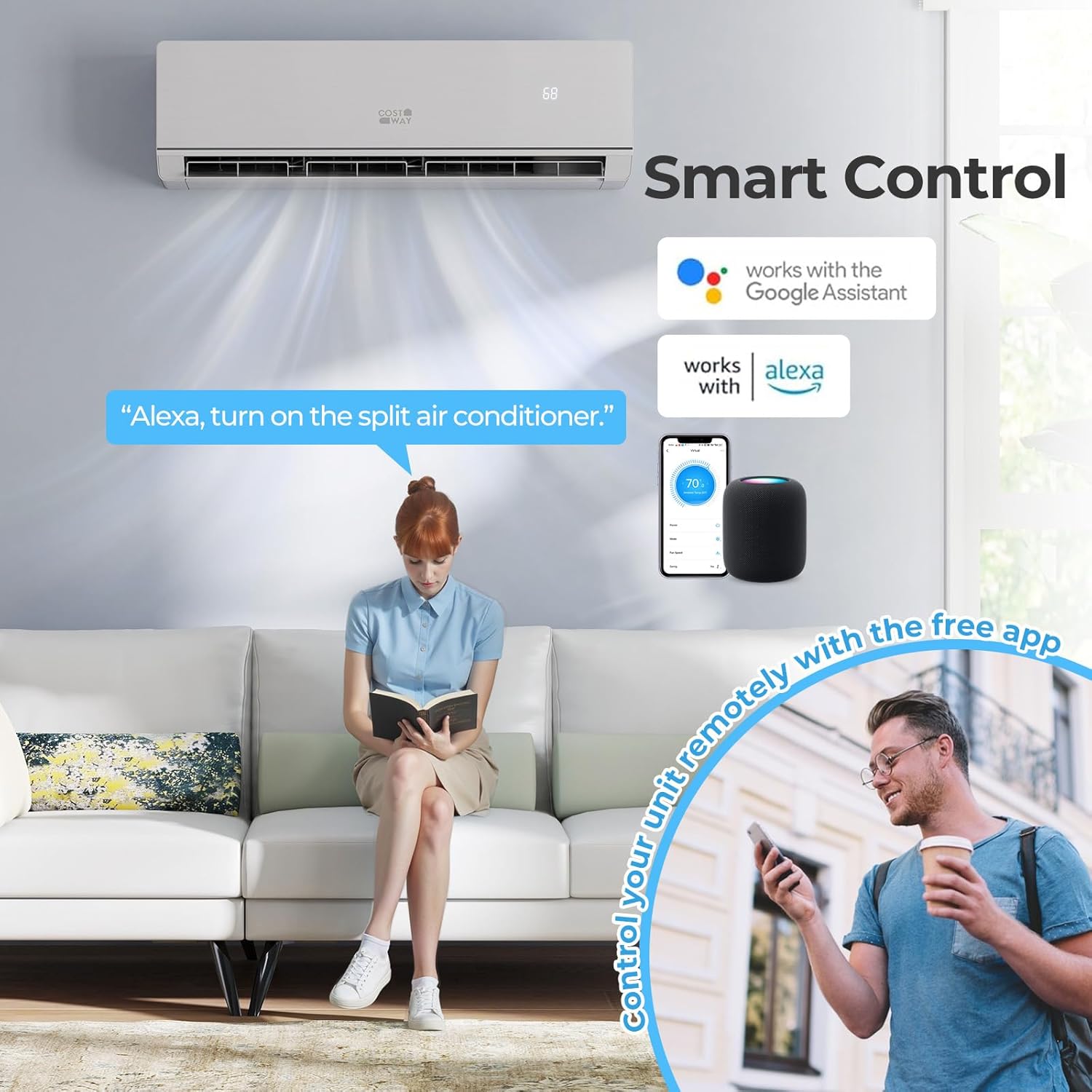 COSTWAY 18000 BTU Mini Split Air Conditioner & Heater, 208-230V WiFi Enabled 25 SEER2 Ductless Inverter AC Unit, Works w/Alexa, Cools Rooms Up to 1250 Sq.Ft