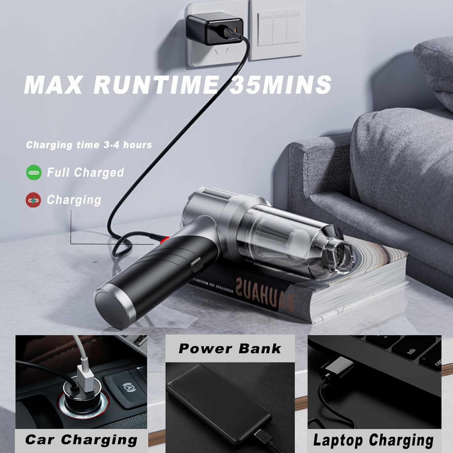 Car Vacuum Cleaner Cordless Foldable, 21000PA Mini Portable Handheld Vacuum, 4 in 1 Compressed Air Duster & Air Blower & Vacuum Cleaner & Inflation with Brushless Motor for Car, Home, Office Black