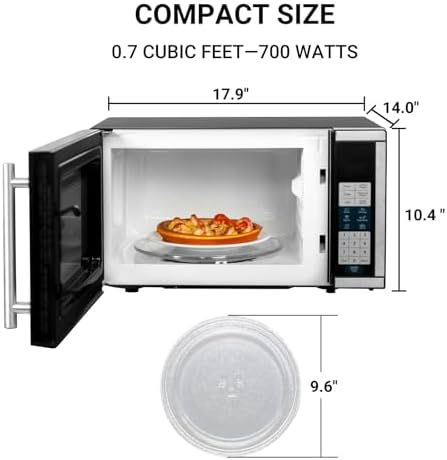 Smad 0.7 Cu.Ft Small Microwave, Countertop Microwave Oven with Removable Turntable, 6 Auto Menus and Child Lock, Mini Oven microondas for Apartments, Dorm and Kitchen, Stainless Steel, 700W