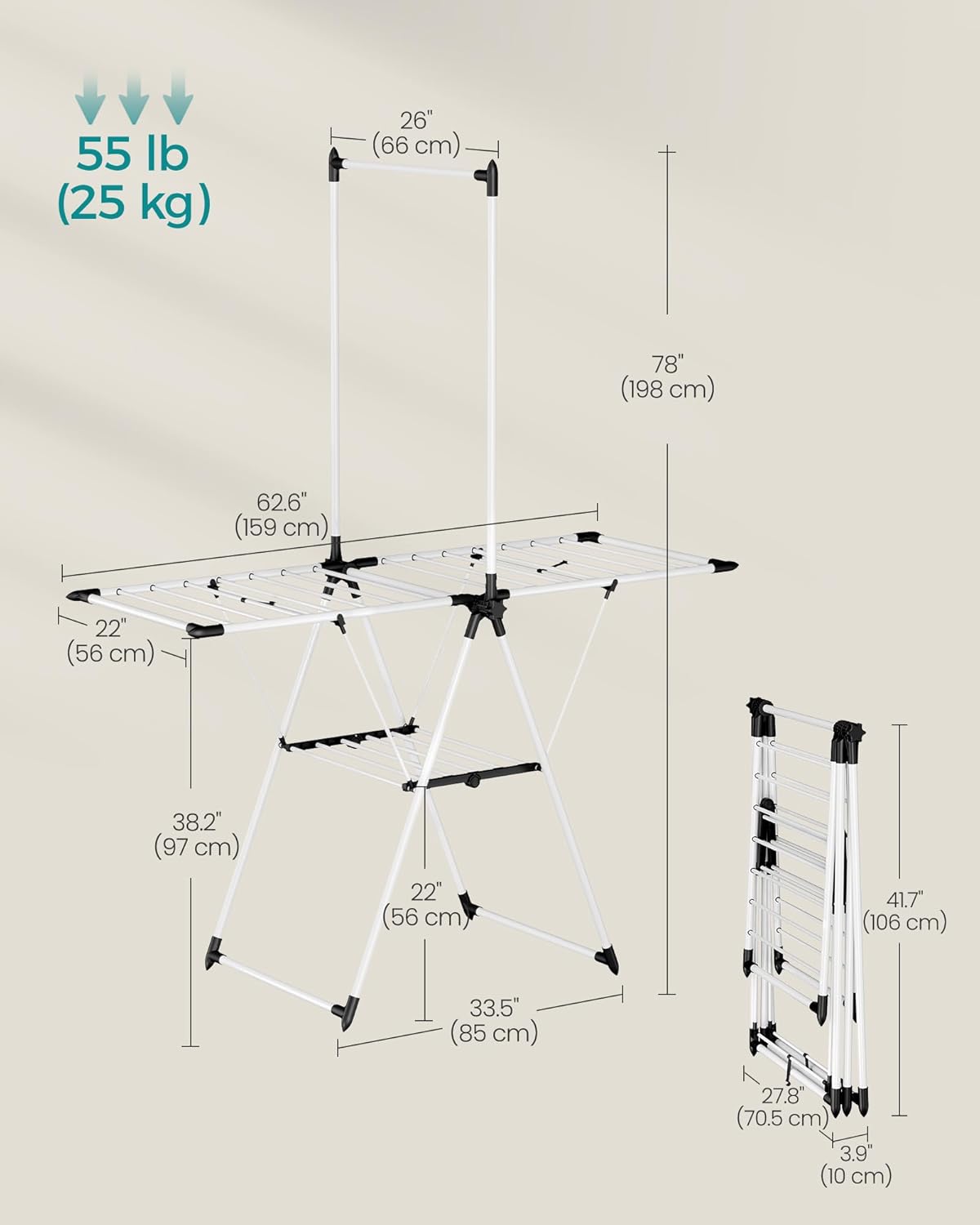 SONGMICS Clothes Drying Rack, Foldable 2-Level Laundry Drying Rack, Free-Standing Airer, 1 Additional Tall Hanging Bar, 2 Height-Adjustable Wings, 24 Drying Rails, Space Savng, Simply White ULLR521W01