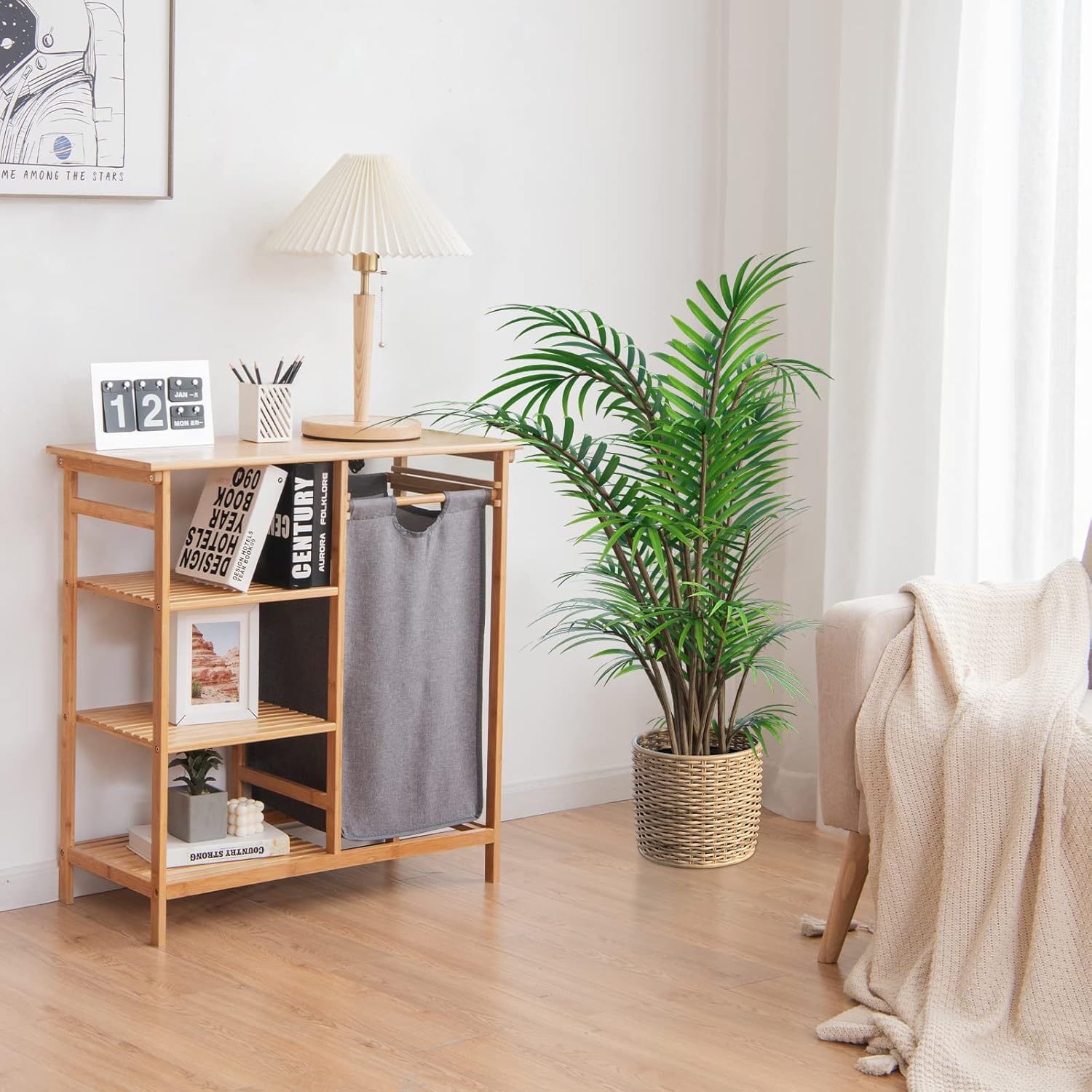 Giantex Bamboo Laundry Hamper Stand, Freestanding Laundry Organizer w/Removable Sliding Bag & 3-Tier Open Shelves, Multipurpose Utility Storage Cabinet for Bathroom, Living Room, Bedroom, Natural