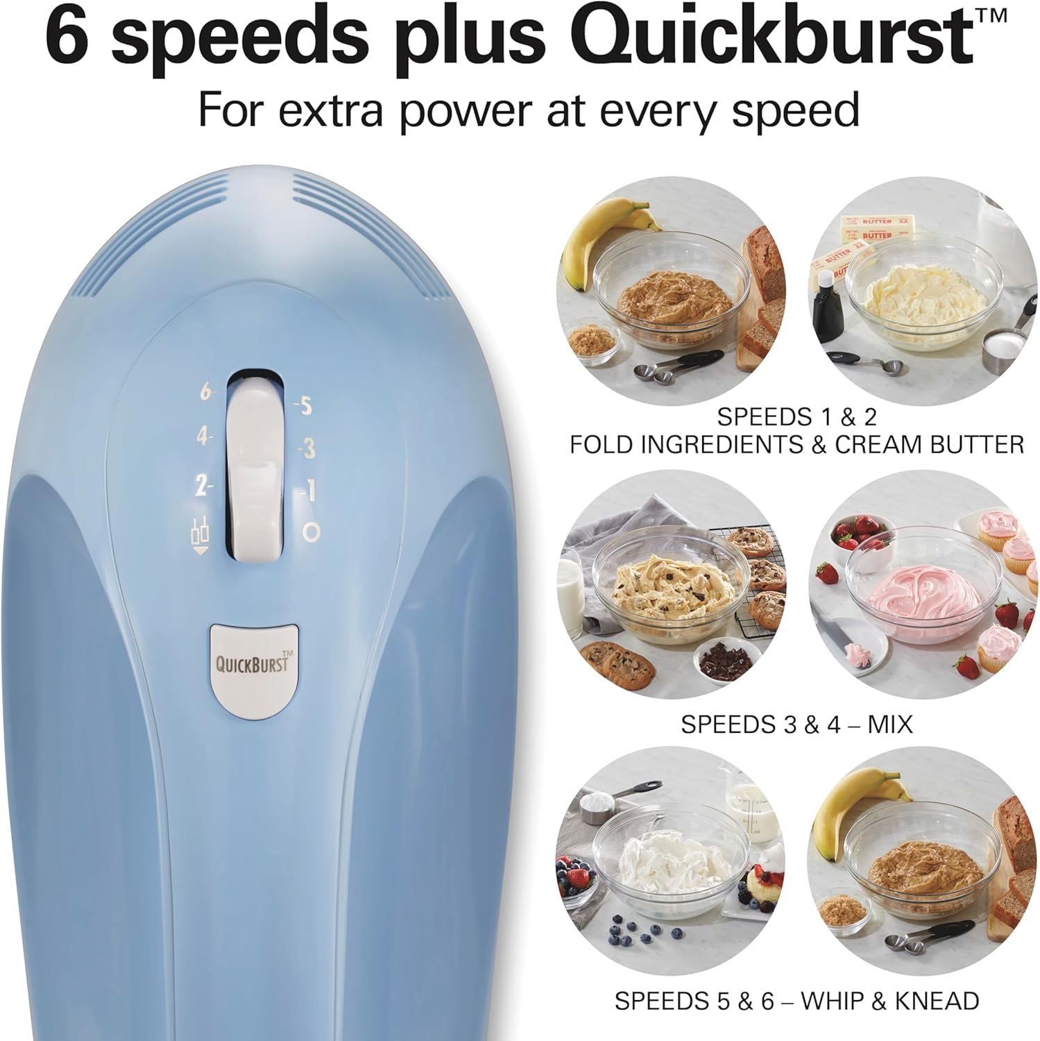 Hamilton Beach 6-Speed Electric Hand Mixer with Whisk, Dough Hooks and Easy Clean Beaters, Powerful 275 Watt Motor, Snap-On Storage Case, Blue