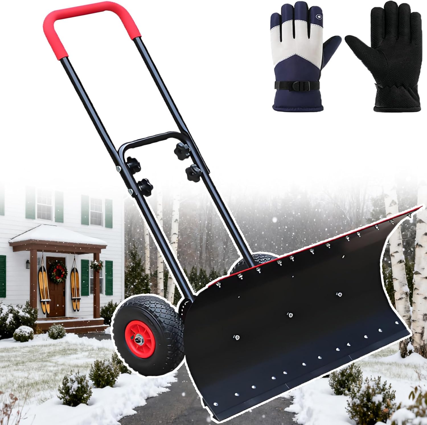 New 2-in-1 Snow & Ice Shovel with Wheels - 5-Level Adjustable Snowplow, Heavy-Duty Steel Snow Pusher for Driveway & Walkway | Winter Outdoor Snow Removal