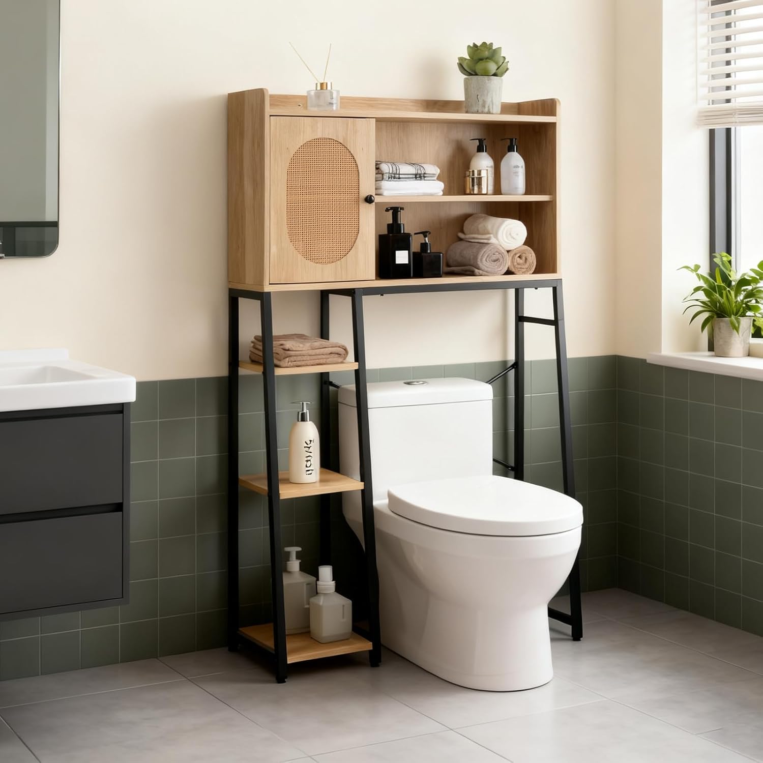 Giantex Over The Toilet Storage Cabinet with Rattan Door, Freestanding Space Saver Rack Above Toilet with Metal Stand, Adjustable Shelf, Over Toilet Bathroom Organizer for Restroom, Laundry
