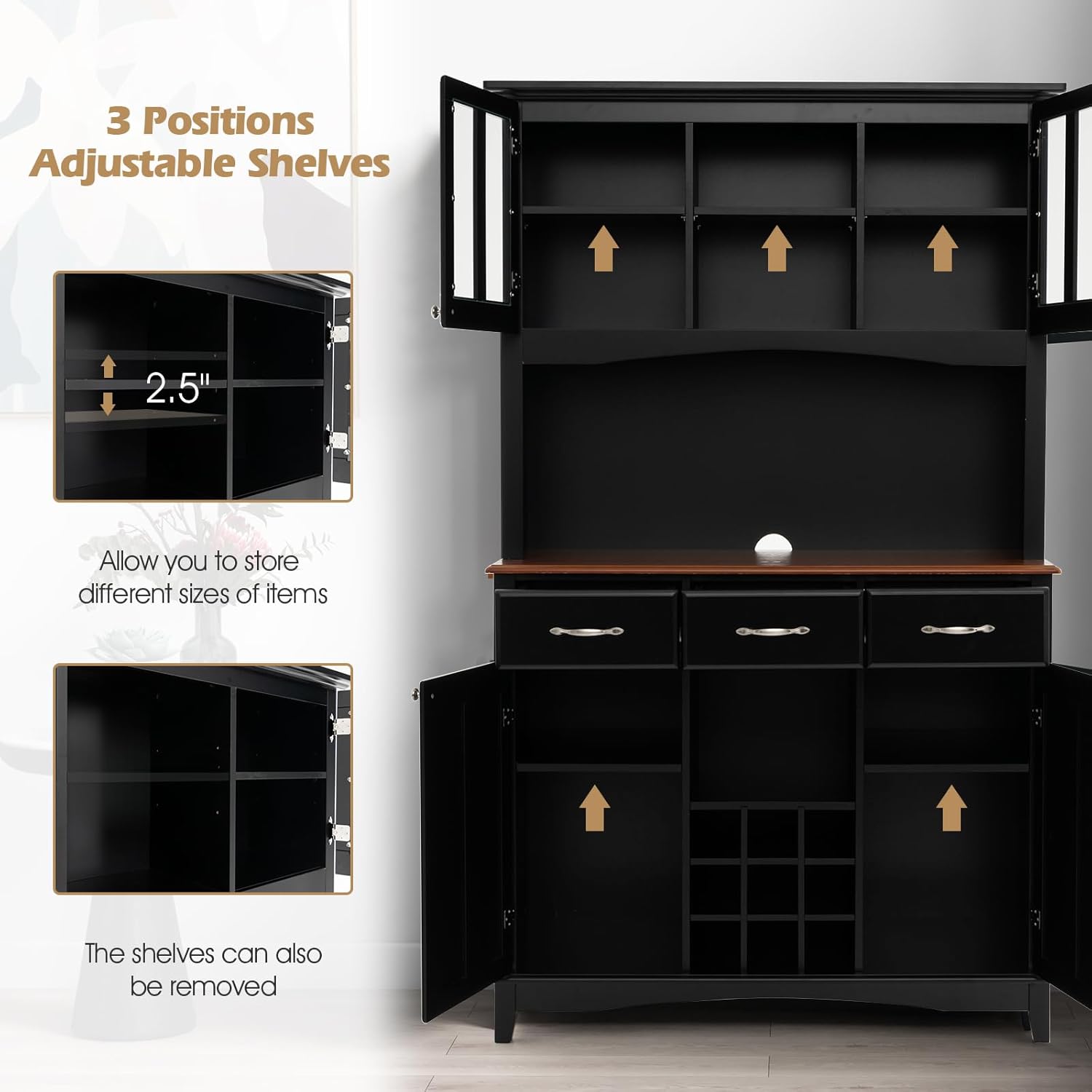 72.5” Buffet with Hutch, Freestanding Pantry Storage Cabinet with Drawers, Adjustable Shelves, Wine Grids, Microwave Countertop, Kitchen Cupboard for Dining Room, Living Room (Black)