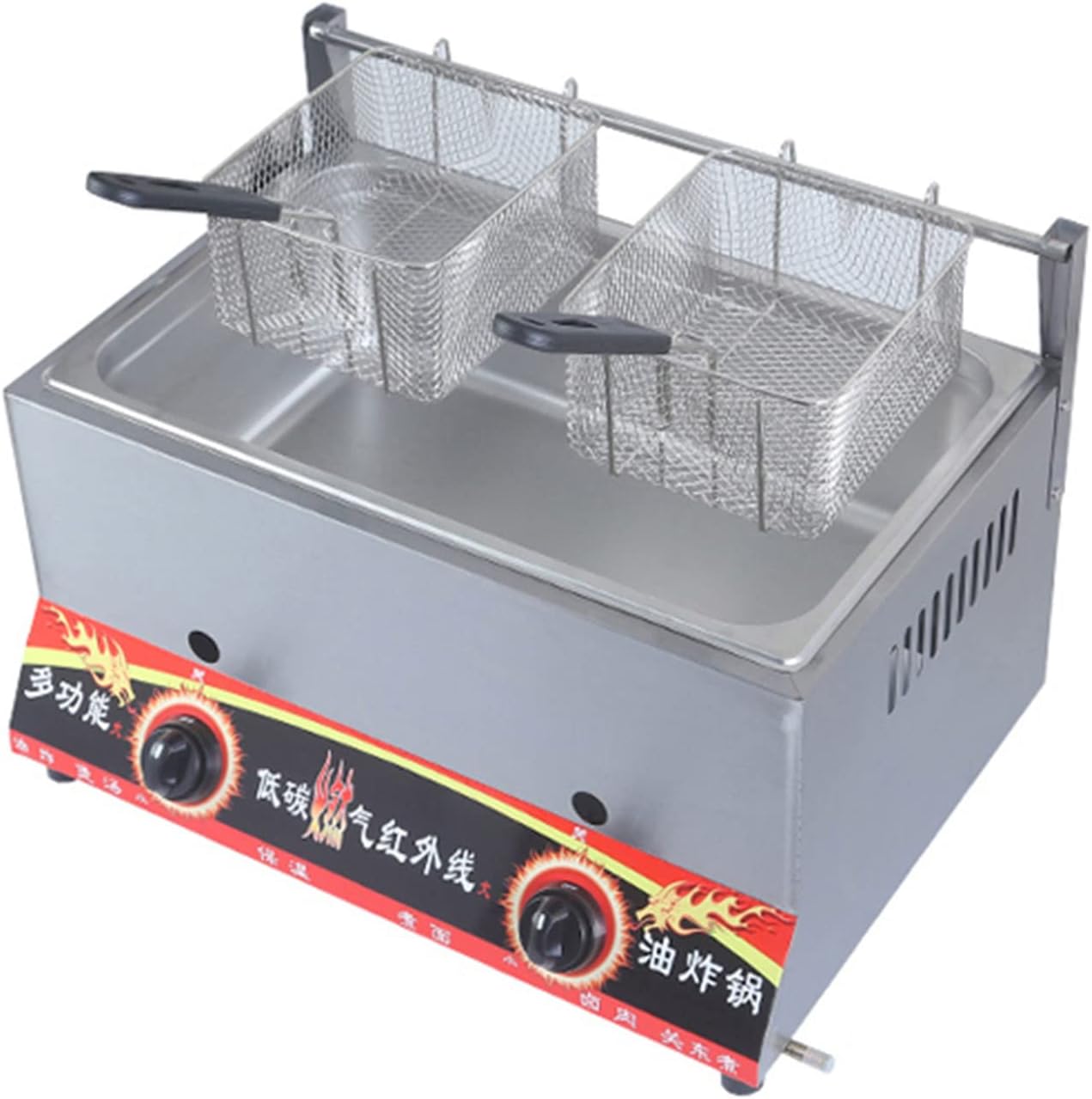 10L/20L Professional Commercial Gas Deep Fryer, Stainless Steel Countertop Propane LPG Double Slot Desktop Deep Fryer, French Fries Fryer in Kitchen Restaurant with Basket