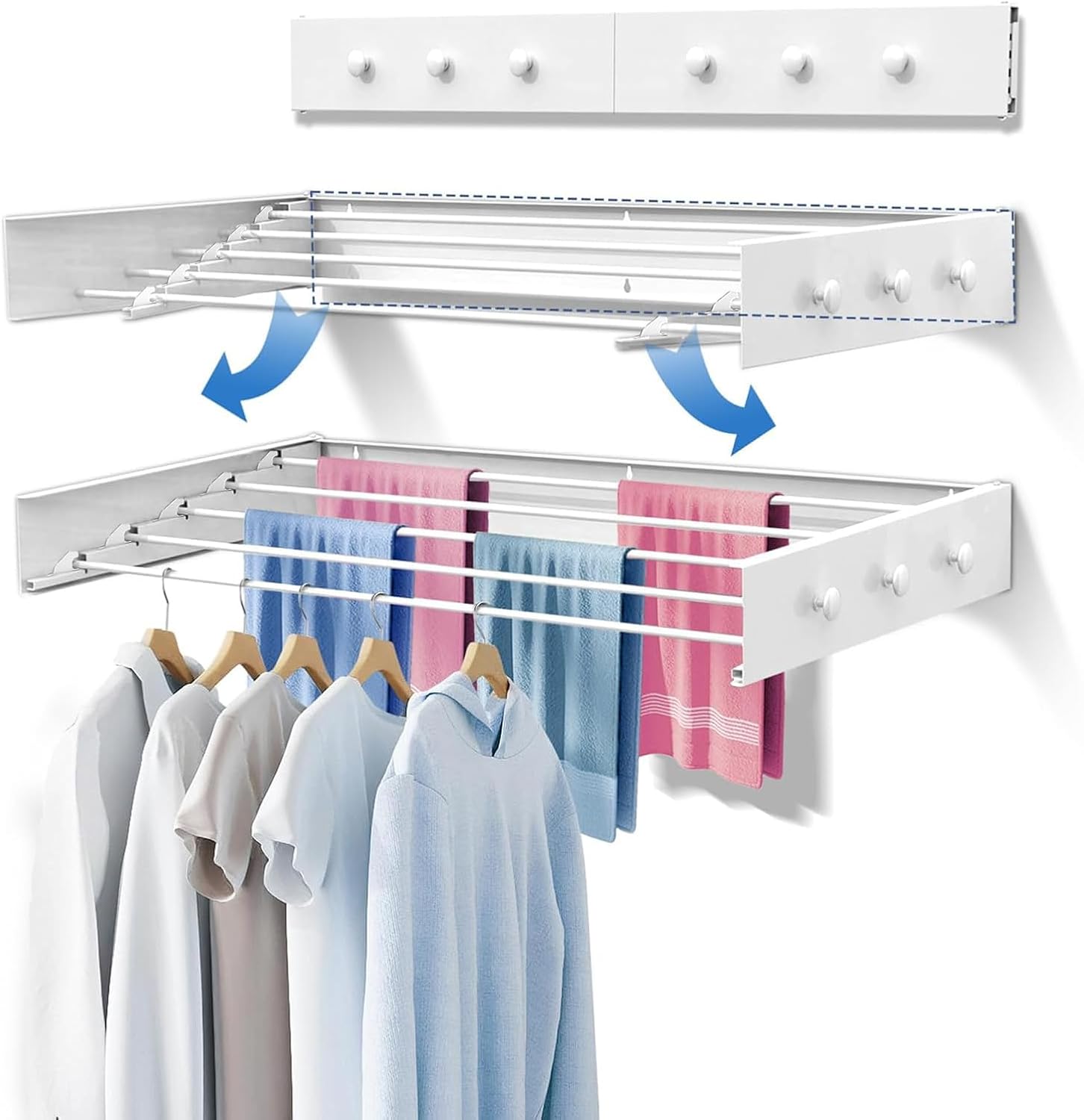 Upgrade 6 Knob Wall Mounted Clothes Drying Rack, Foldable Collapsible, Indoor, Clothing & Towel Drying Rack with Wall Template, 5 Rods, 31.5