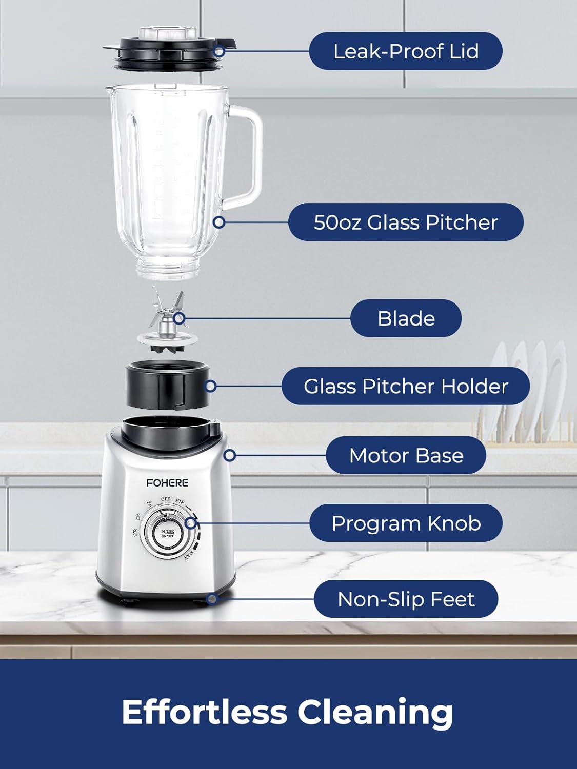 FOHERE Professional Blender Peak 1200W, Countertop Blender with 3 Presets＆ 5 Speeds for Smoothies, Shakes, and Frozen Drinks, 50 Oz Glass Jar ＆20 Oz Tritan Jug