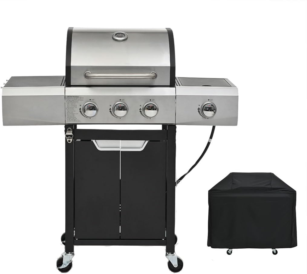 3-Burner Propane Gas BBQ Grill, Outdoor Stainless Steel Gas Grill with Side Burner and Cover, Porcelain-Enameled Cast Iron Grates Built-in Thermometer,for Outdoor Barbecue Cooking