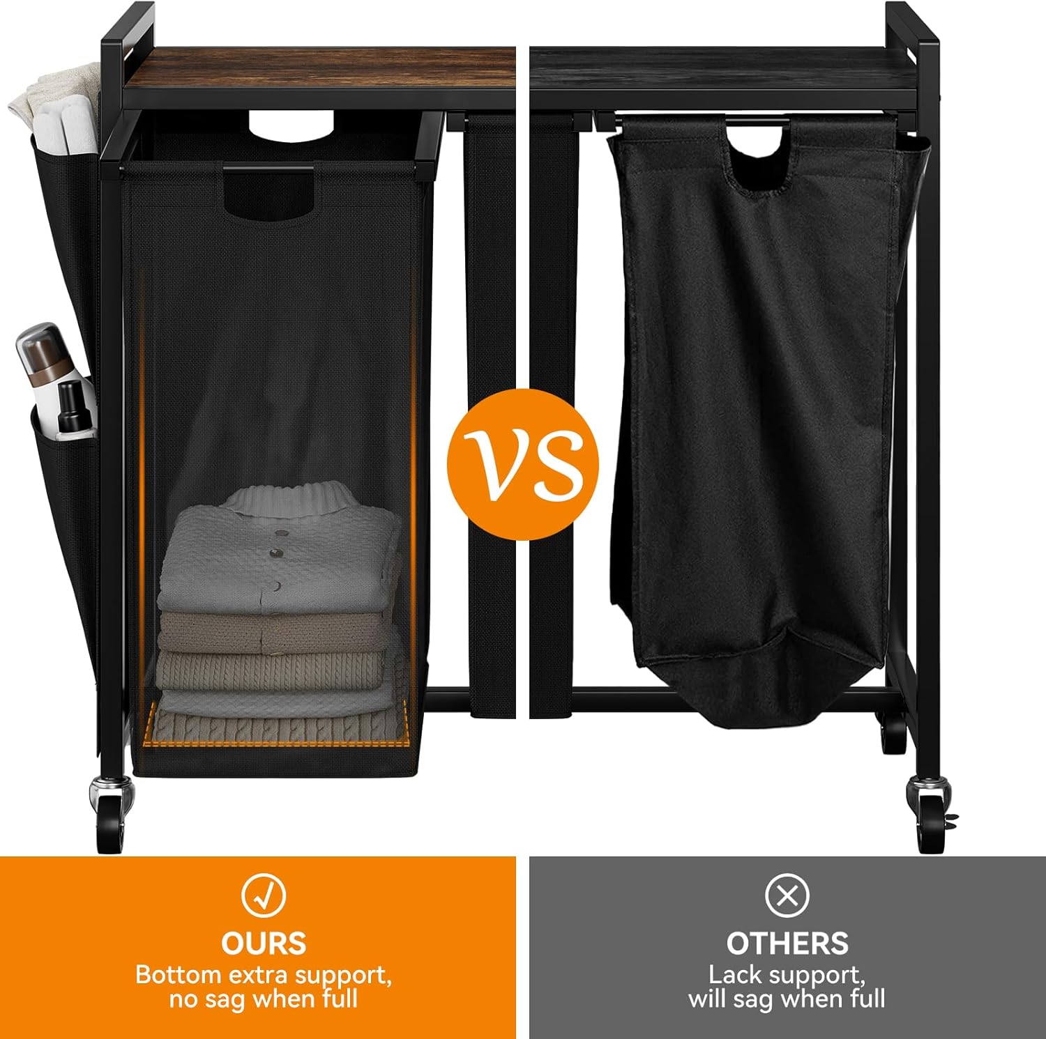 WOWLIVE 4-Compartment Laundry Hamper with Lid,Rolling Laundry Basket Organizer with Wheels, Iron-Made Laundry Sorter with Top Shelf and 4 Removable Bags,Large Clothes Storage for Room,Black