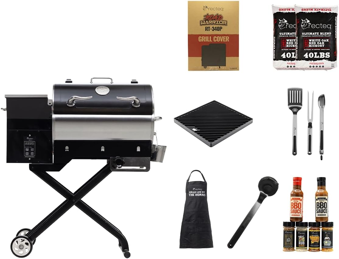 recteq Pellet Grill - Road Warrior 340 + BBQ Master Bundle, Portable Electric Pellet Smoker Grill, BBQ, Wood Pellets, Sear, Smoke, and More