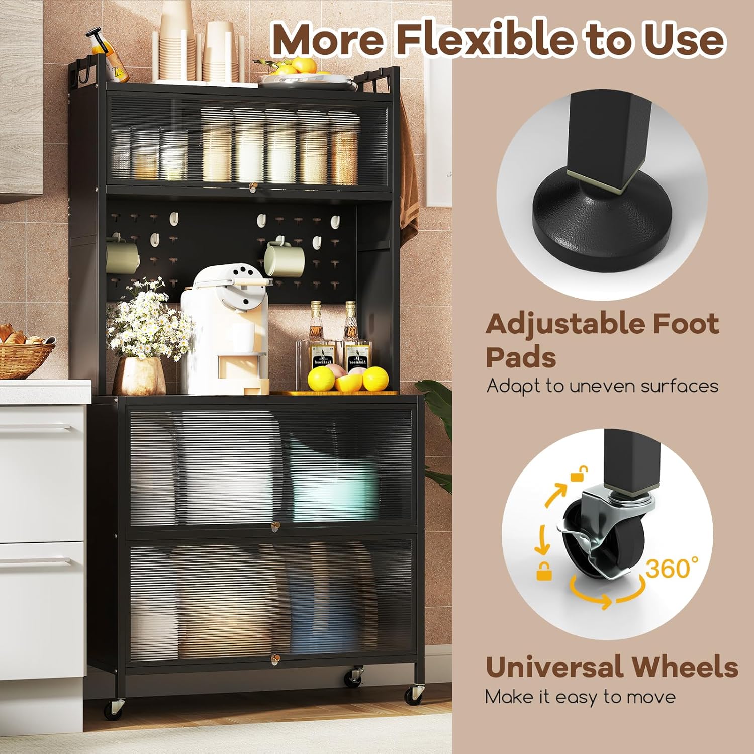 Giantex 5 Tier Rolling Kitchen Bakers Rack with Wheels, Microwave Stand with Flip Door Storage Cabinets, Pegboard & Hooks, Adjustable Foot Pads, Standing Pantry for Home Coffee Bar (Black)