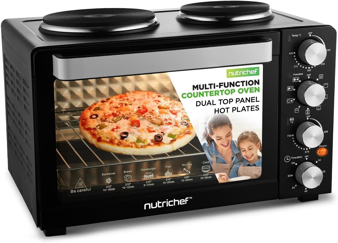 NutriChef 30 Quart Kitchen Convection Oven & 2 Burner Cooker - 1500 Watt Oven - 7 Cook Functions Rotisserie, Cook, Bake, Broil & More - Includes Baking Tray, Skewers & Handles - 19.6 x 16.0 x 13.5 IN