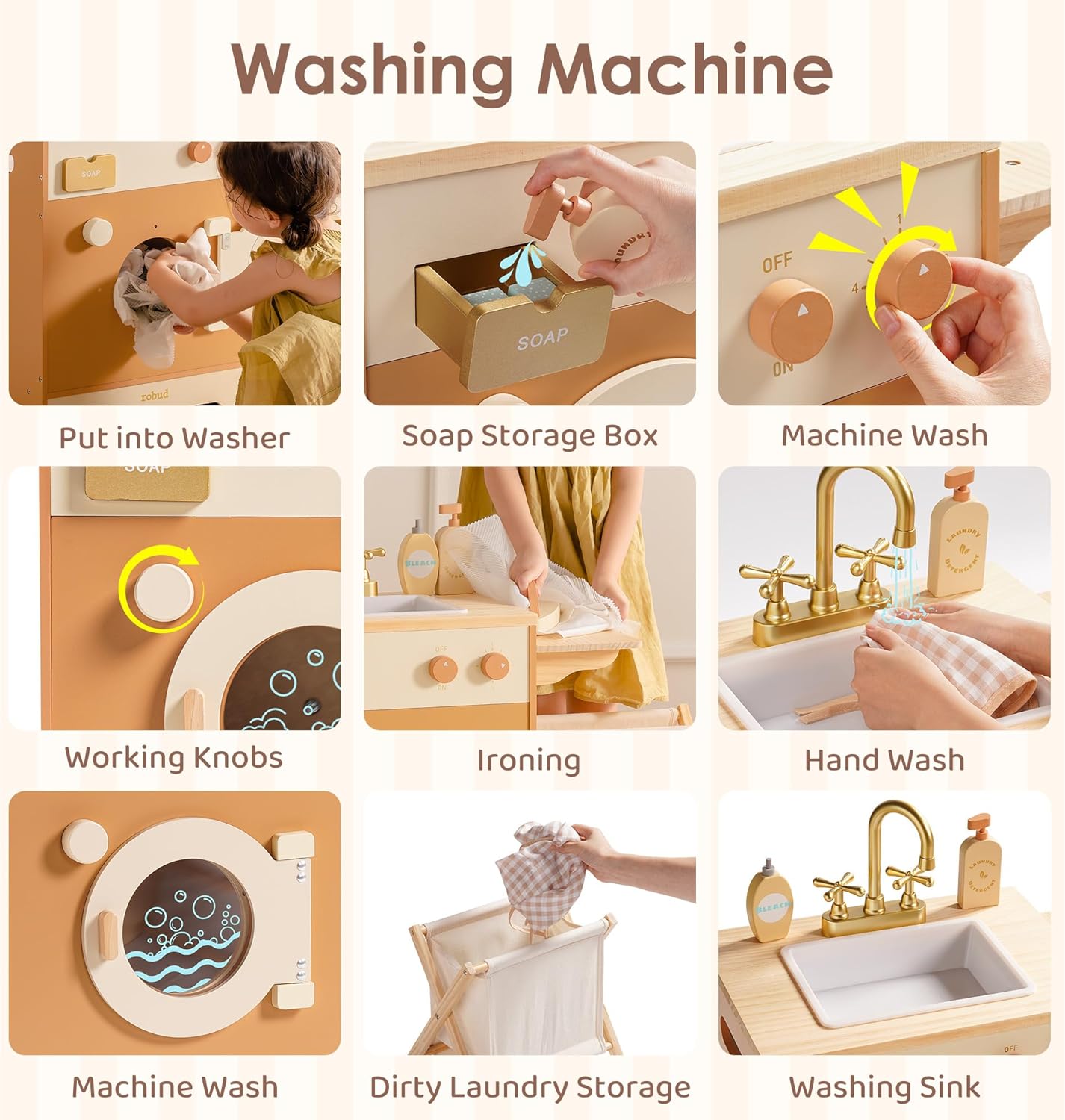 ROBUD Wooden Play Kitchen, 4-in-1 Kids Kitchen Playset with Fridge, Washing Machine, Dishwasher, Toddlers Role Play Kitchen Set Gift for Boys & Girls, Age 3+ (Caramel)