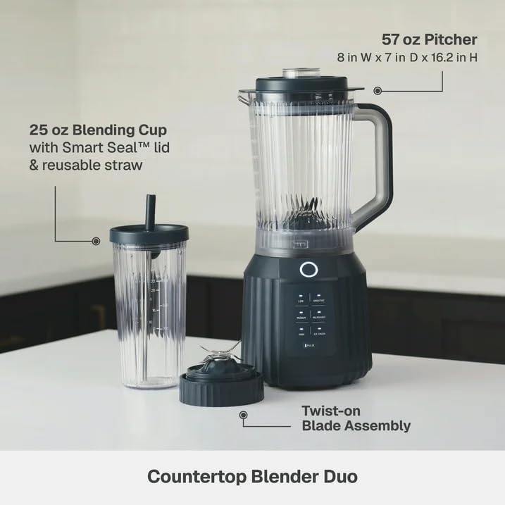 Thymes & Tables Countertop Blender Duo SmartCrush Tech 1100W with 57oz Pitcher & 25oz Cup, Smart Seal Lid, Vortex Blending, Pulse Mode, Dishwasher Safe, Ice Crush, Smoothie Preset (Atlantic Blue)
