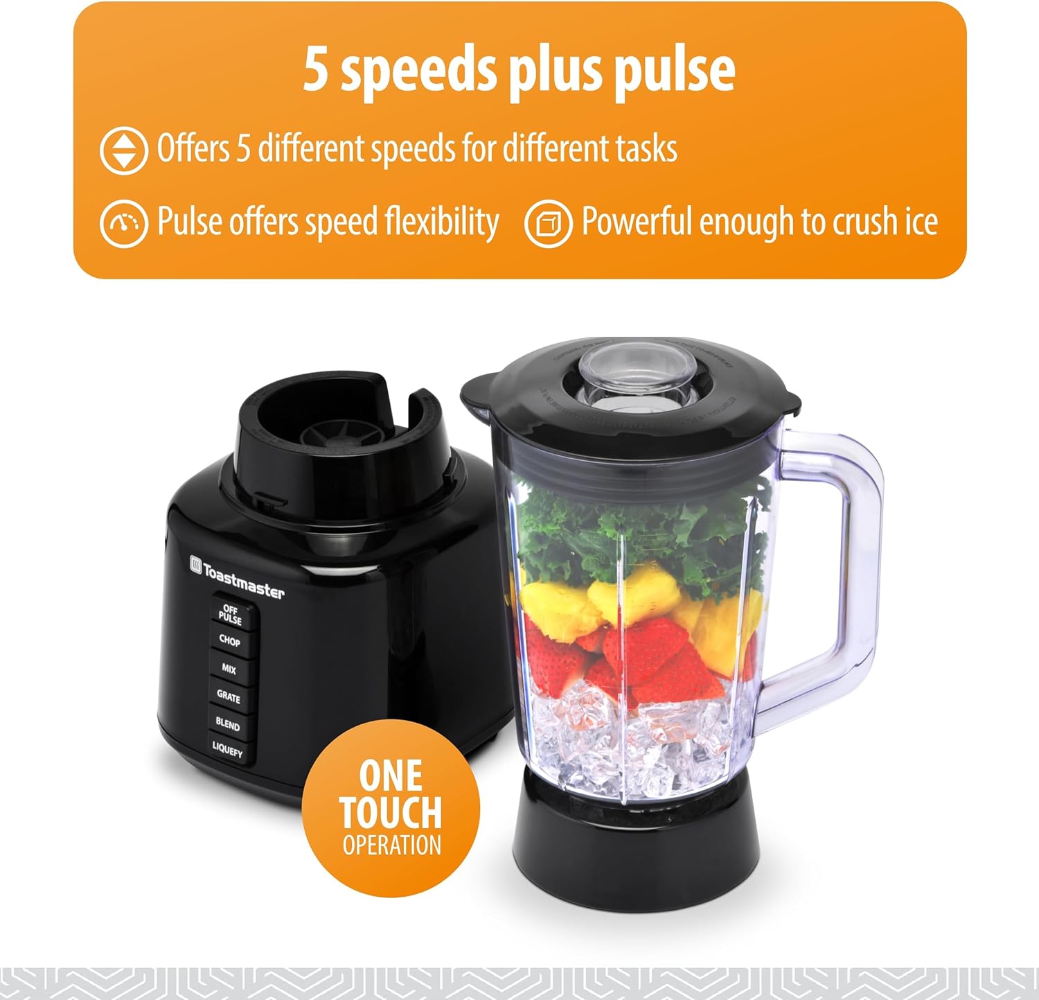 Toastmaster 5 Speed Blender with 48-oz Plastic Jar - Kitchen Blender with Stainless Steel Blades - For Fruit Smoothies & More - Multiple Speeds & Pour-Through Lid