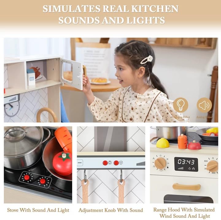 Freniland Wooden Play Kitchen, Kitchen Playset for Kids with Realistic Stove, Range Hood, Oven, Ice Maker, Microwave, Sink, with Light & Sound, 18 Accessories, Pretend Toy Kitchen, Gift for Ages 3+