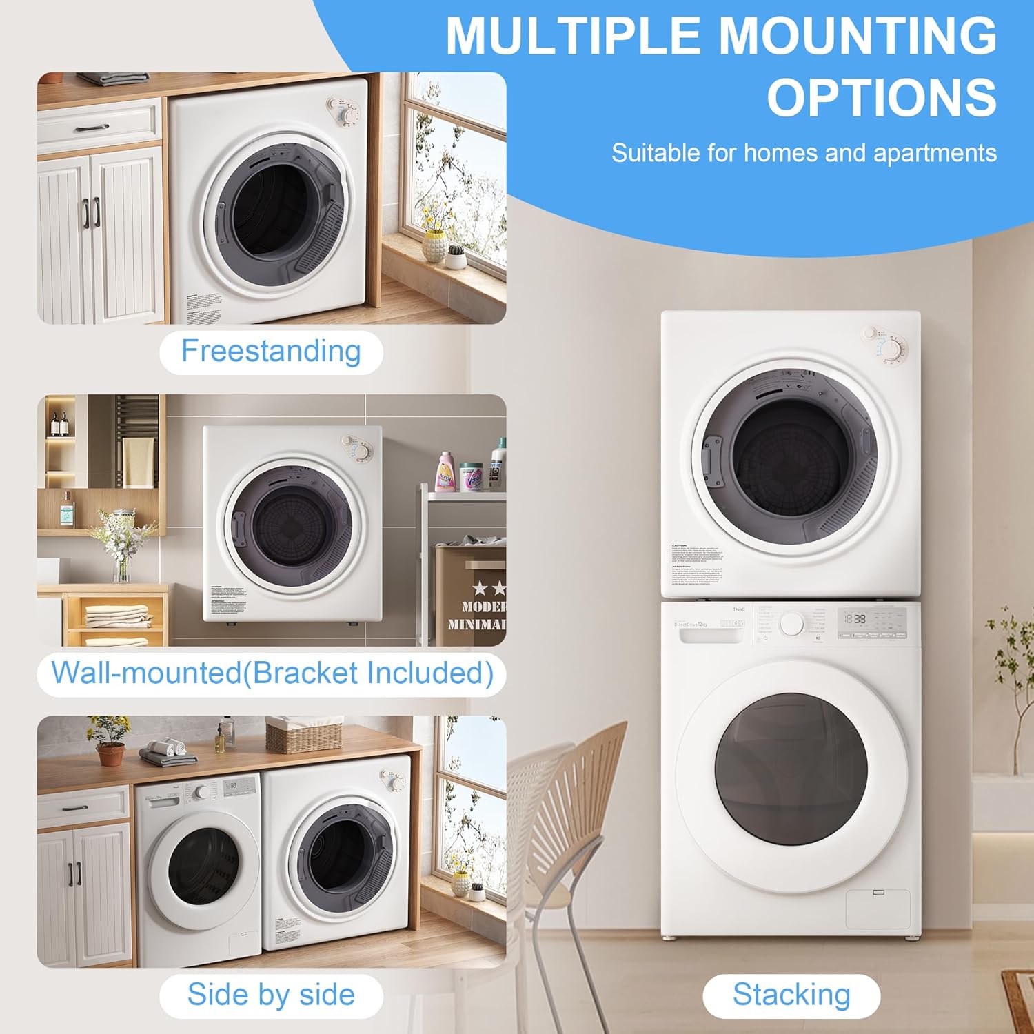 Elevon 1500W Portable Clothes Dryer, 3.5 cu.ft Electric Drying Machine for Laundry with Stainless Steel Tub for Apartment, Rvs, Dorms, Compact Dryer for Small Space, Black/White