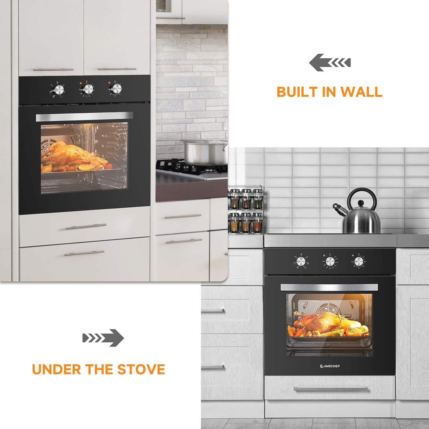 AMZCHEF Wall Ovens 24 inch Electric: 2800w Single Wall Oven with 6 Cooking Modes, 2.72 Cu.Ft. Electric Wall Oven, Convection Oven with Mechanical Knobs Control, Black