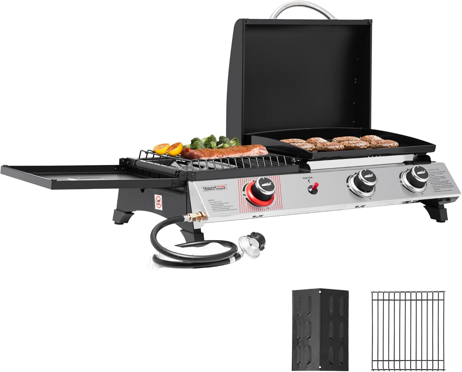 3-Burner Portable Propane Gas Griddle with Side Burner, 3-in-1 Grill and Griddle Combo with Lid, Outdoor Cooking, 29,000 BTU, Silver, PD1305H-SC