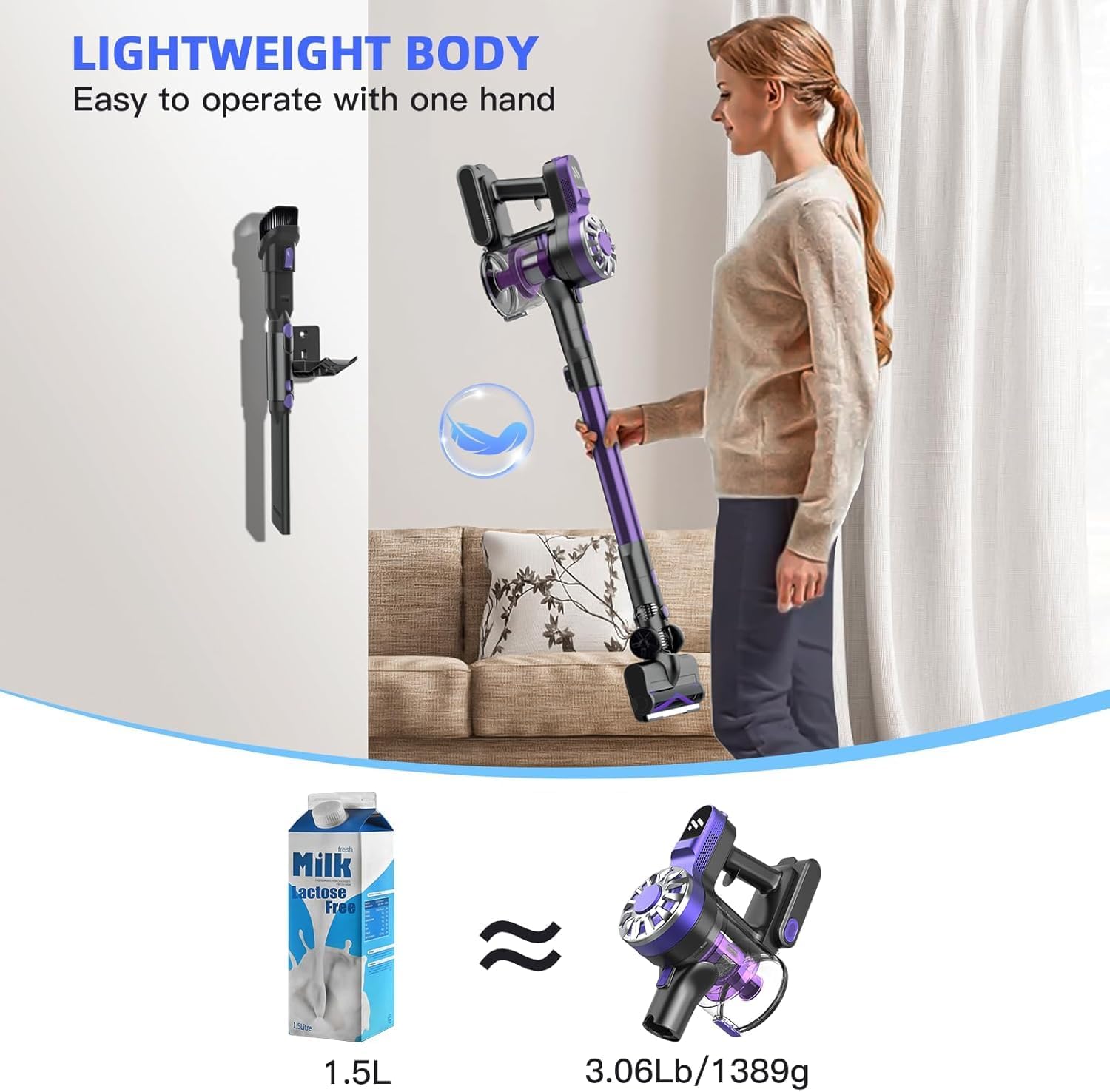 Cordless Vacuum Cleaner for Home, Stick Vacuum Cordless Rechargeable with Power Suction, Up to 35 Mins Runtime, Lightweight Vacuum for Hardwood Floor, Pet Hair, Carpets, Tile