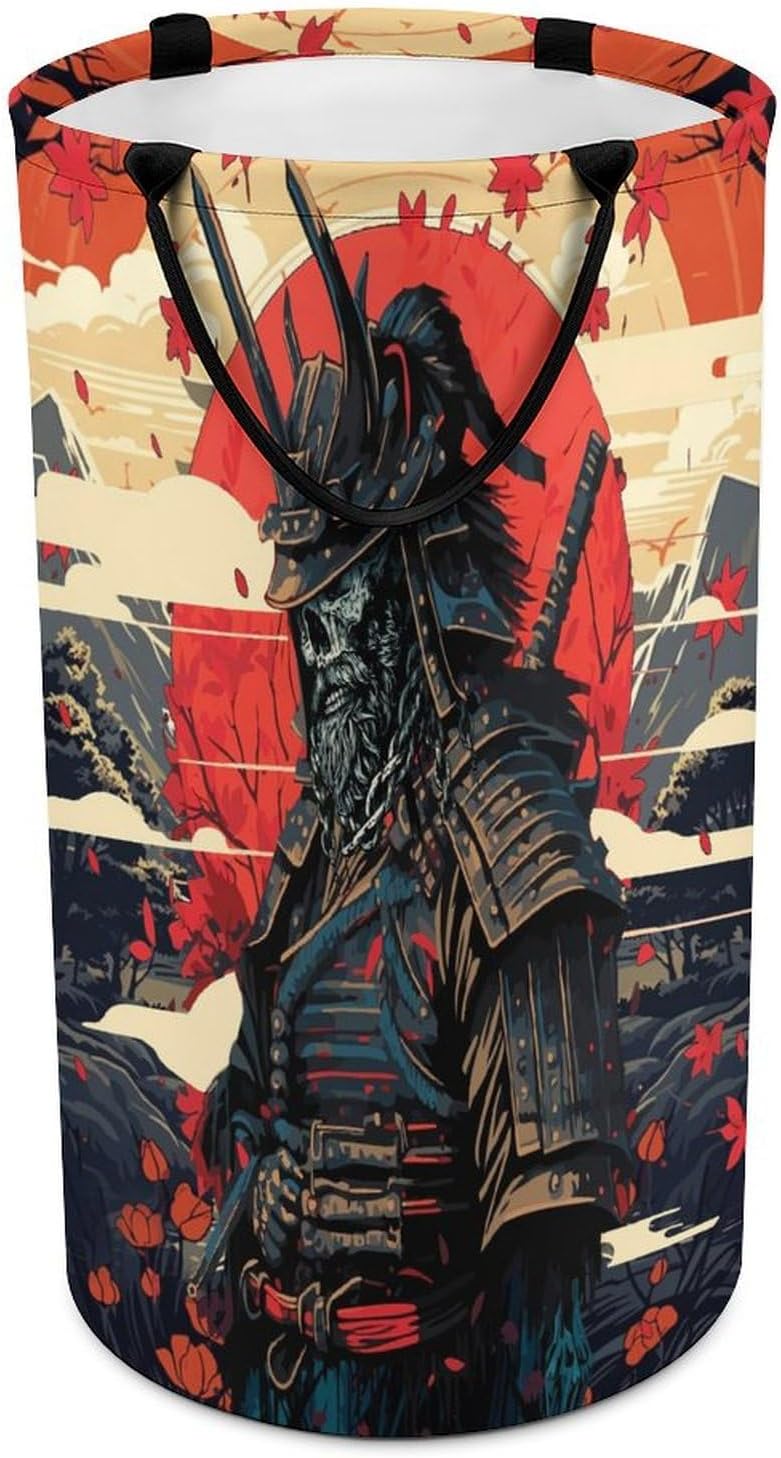 Gothic Japan Samurai Laundry Hamper Dirty Clothes,Abstract Japanese Cherry Blossom Skull Anime Samurai Maple Leaf Mount Large Laundry Basket Storage Basket For Bathroom 15.7W