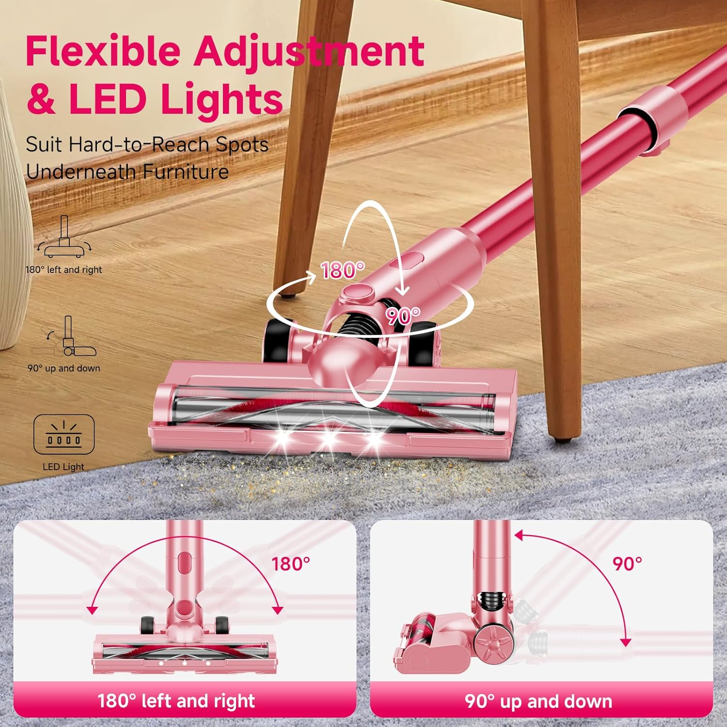 Cordless Vacuum Cleaner,55Mins/Powerful Vacuum Cleaners for Home,Stick Vacuums with 8 in 1,Touch Screen,LED Headlights, Anti-Tangle,Pet Hair,Pink