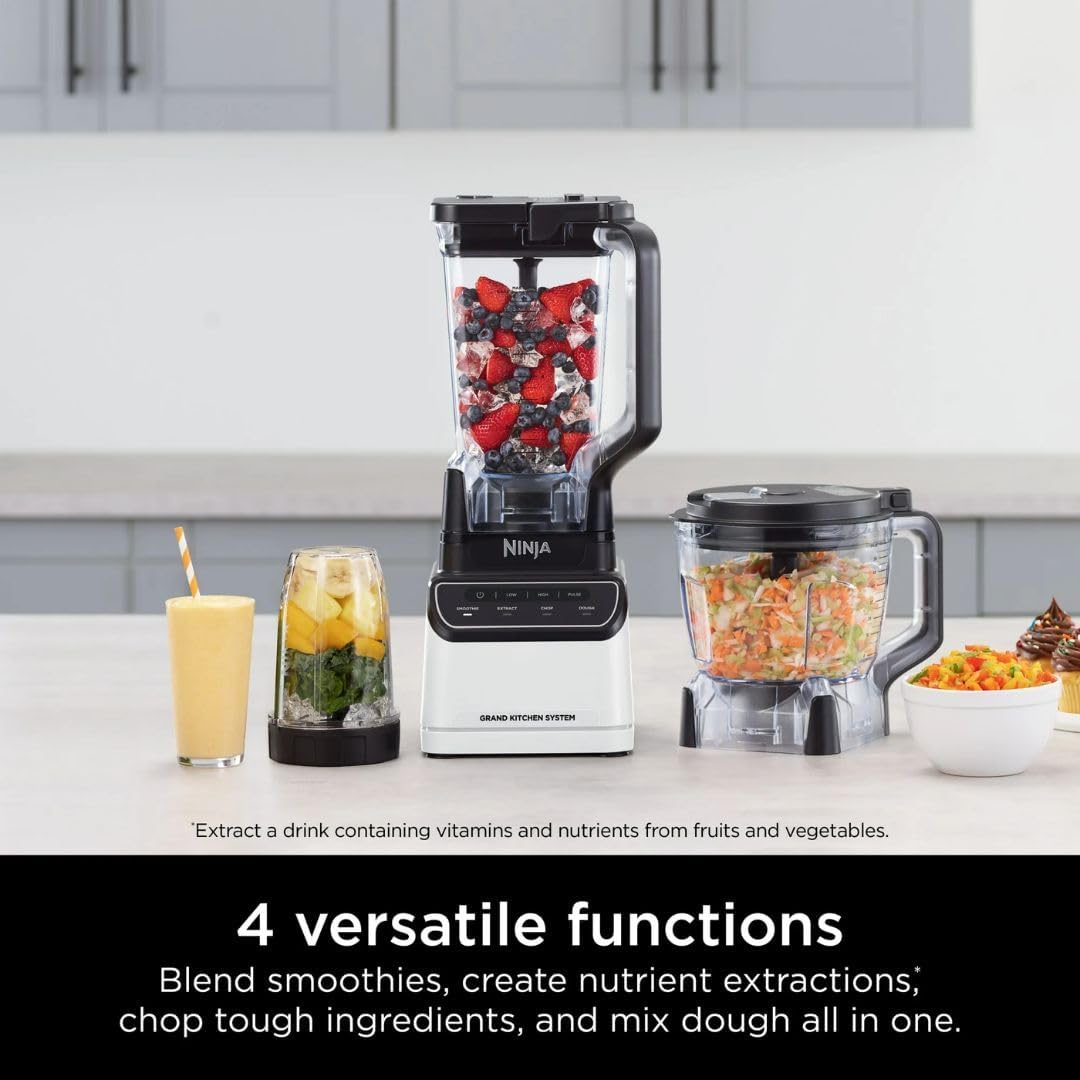 Ninja Grand Kitchen System 1200W Blender with 4 Auto-iQ Presets for Smoothie, Extract, Chop, Dough. 72oz Pitcher, 8-Cup Food Processor, Single-Serve Cup, Total Crushing & Pro Extractor Blades (White)
