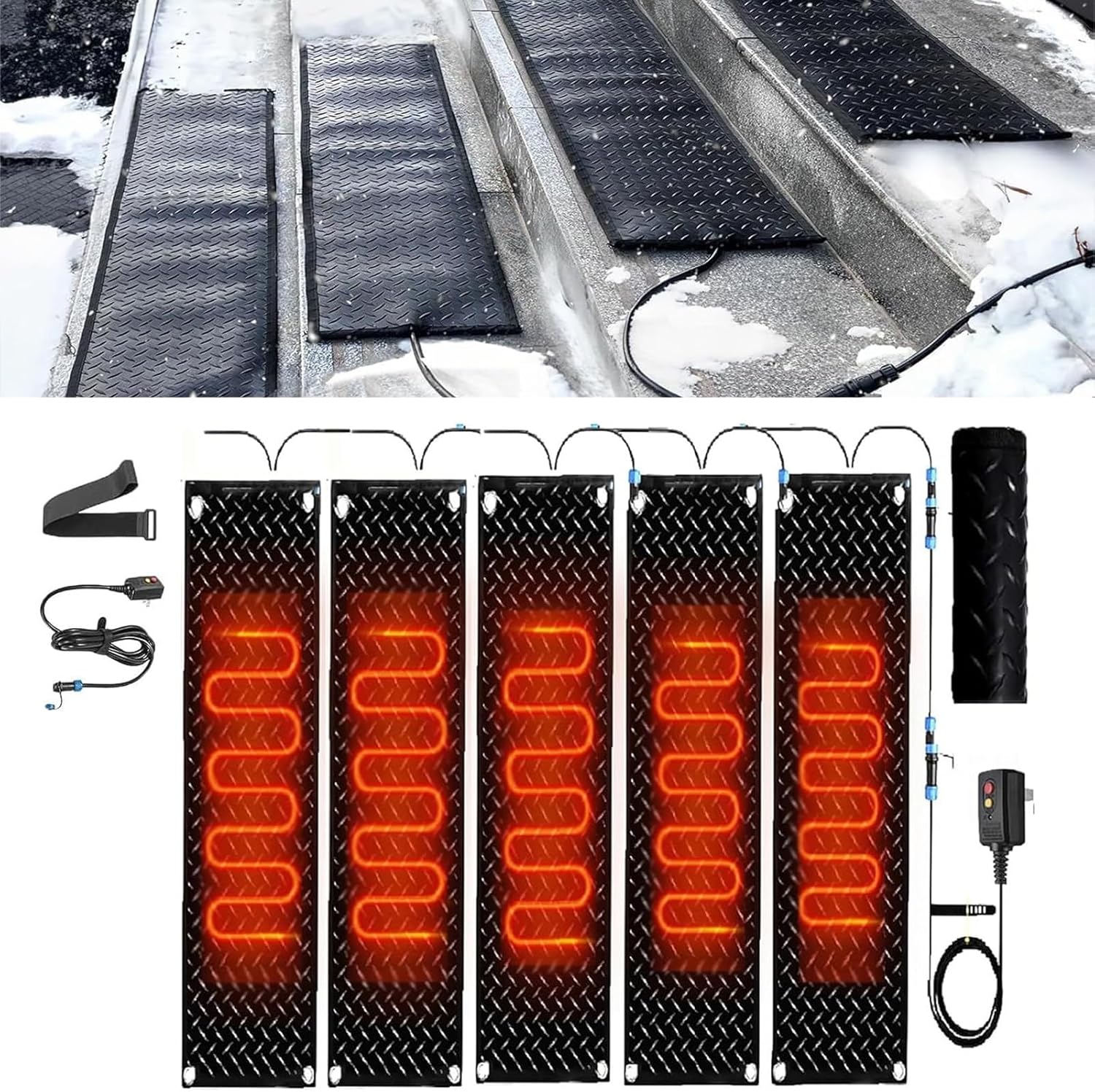 Snow Melting Mat - 2 in/h Melting Speed for Winter Outdoor Use, Anti-Slip, Waterproof, with Power Cord and Connecting Line(40x120cmx5Pcs)