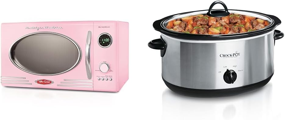 Nostalgia Retro Countertop Microwave Oven - Large 800-Watt - 0.9 cu ft & Crock-Pot 7 Quart Oval Manual Slow Cooker, Stainless Steel (SCV700-S-BR)