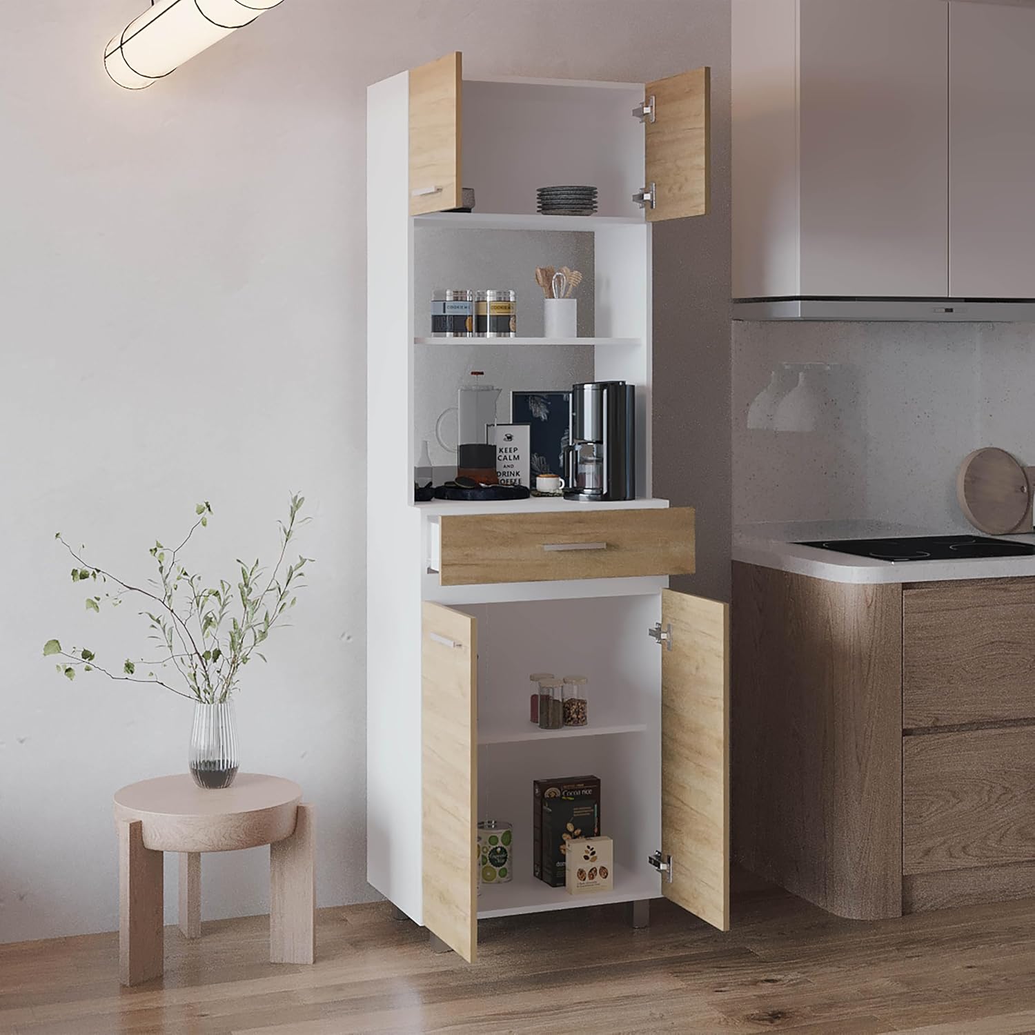 espidoo Sicilia Pantry Cabinet Kitchen Storage: Modern Dual-Door Freestanding Unit with MDF Frame & White/European Ash Finish - Organize Food Dishes & Appliances for Compact Kitchens & Laundry Rooms