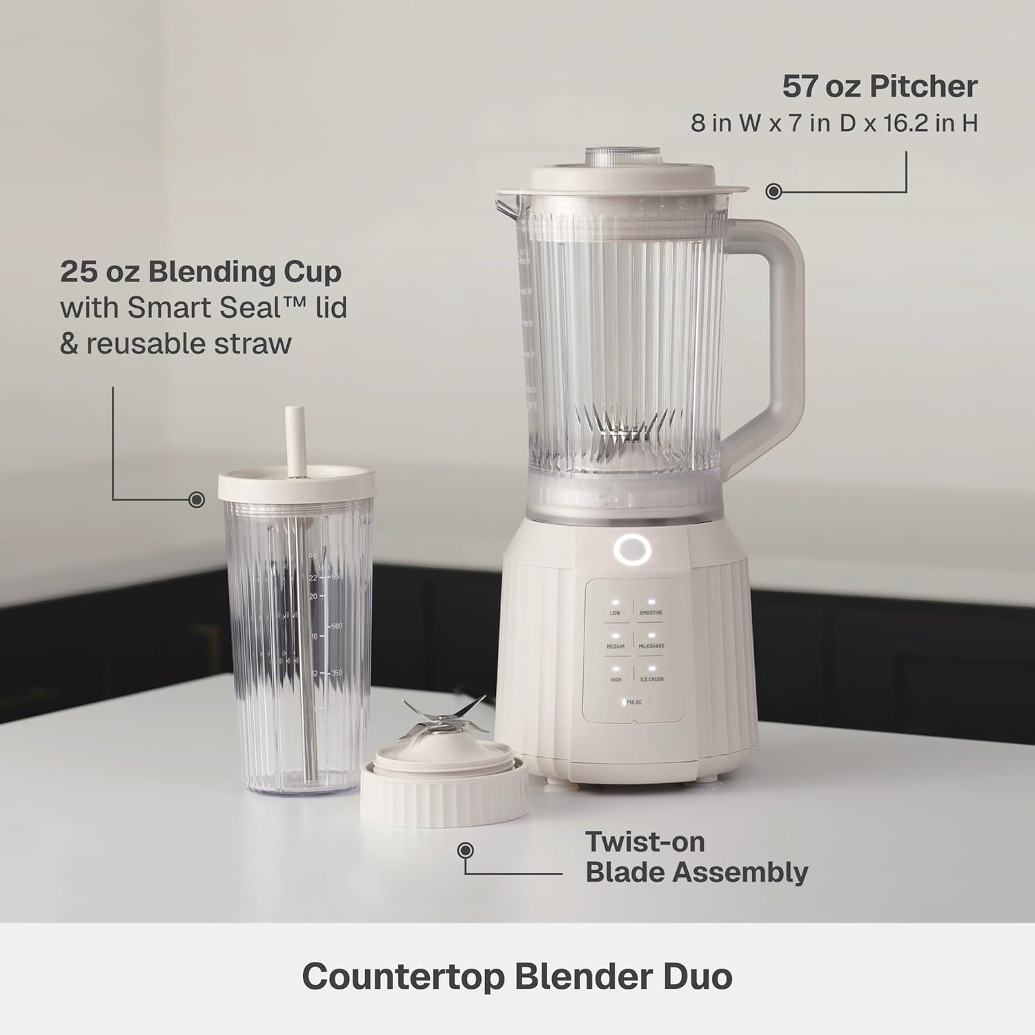 Thymes & Tables1100W Countertop Blender with 57oz Pitcher & 25oz To-Go Cup, Sand -White