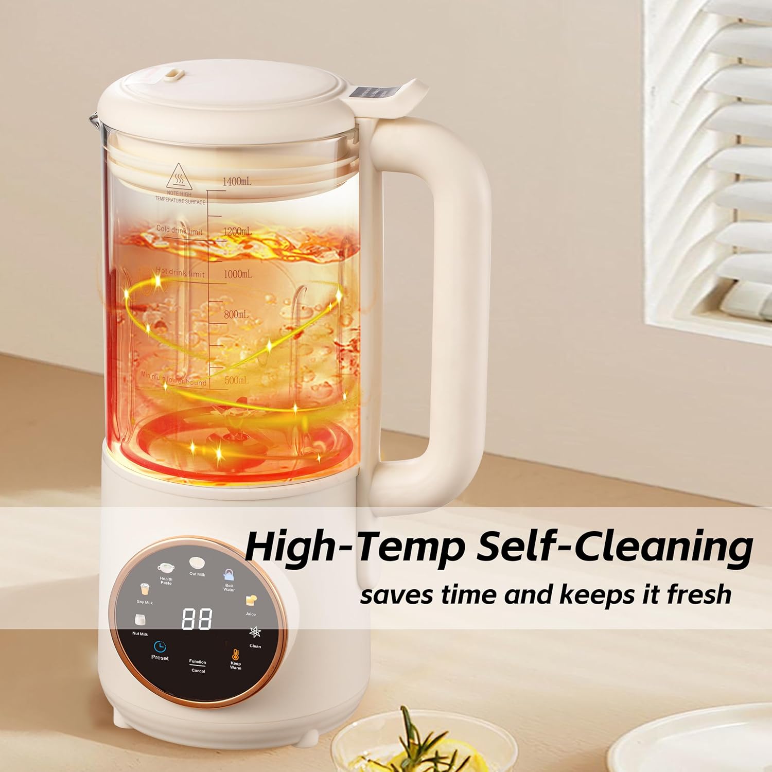 8 in 1 Nut Milk Maker Machine, 48oz Homemade Almond, Oat, Soy, Coconut, Plant-Based and Non-Dairy Beverages with Self-Cleaning, Boil Water, Delay Start, Keep Warm, 16 Blade Blender, Glass Jar