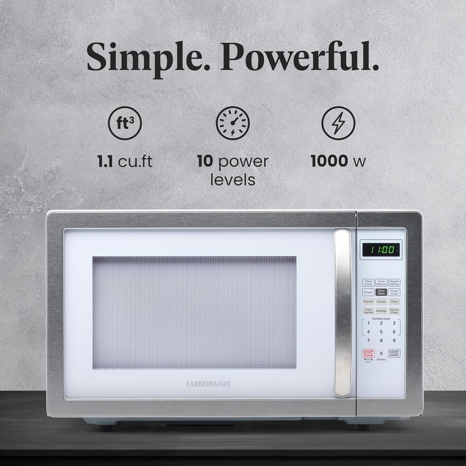 Farberware 1.1 Cu. Ft. Countertop Microwave Oven – 1000 Watts Power, Auto Cook Settings, Defrost, Easy Clean and Child Safety Lock - White Platinum