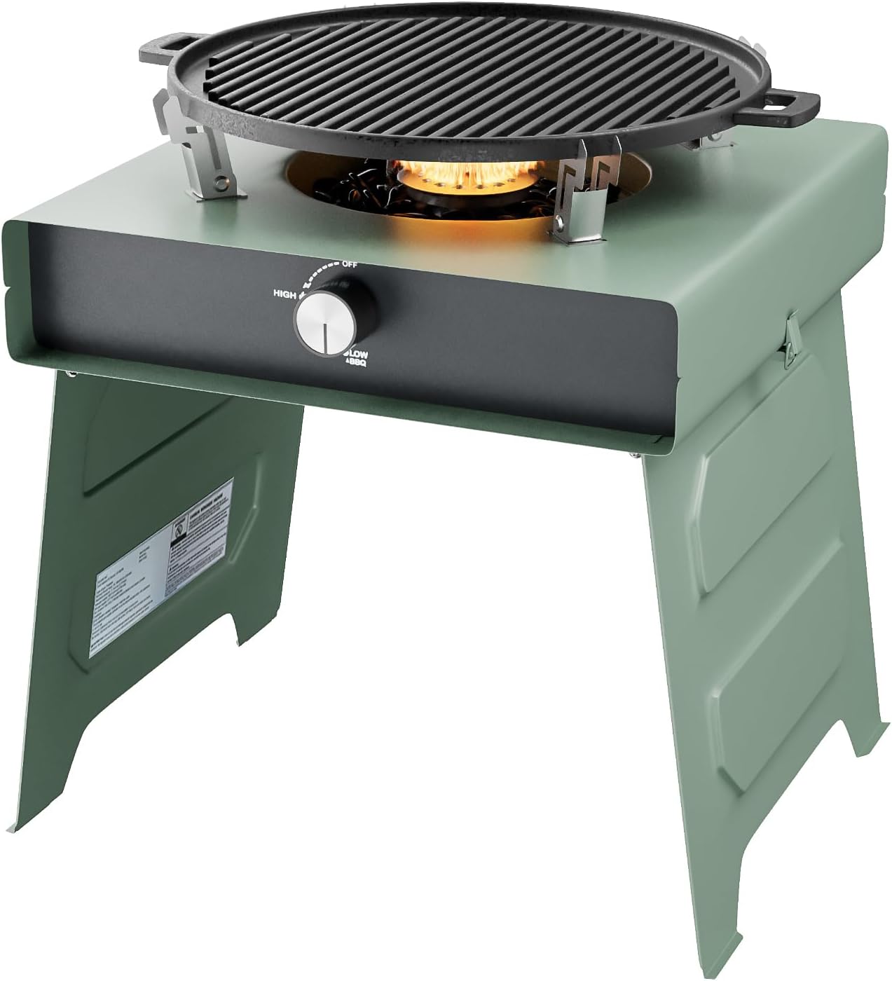 SUNBURY Camping Stove Outdoor Propane Stove Foldable Portable Grill with Adjustable Burner Baking Tray, Small Table Fire Pit 10000BTUs for BBQ Emergency Cooking Hiking Apartment Balcony (Green)