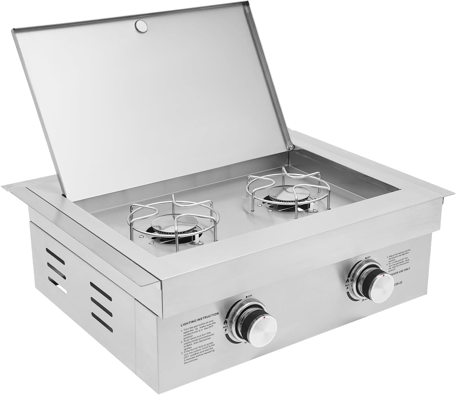 3500W Liquid Propane Side Burner, 304 Stainless Steel Grilling Side Burners for Outdoor Kitchen, Drop-in Side Burner with Cover, Built-in Double Burner BBQ Grill Island