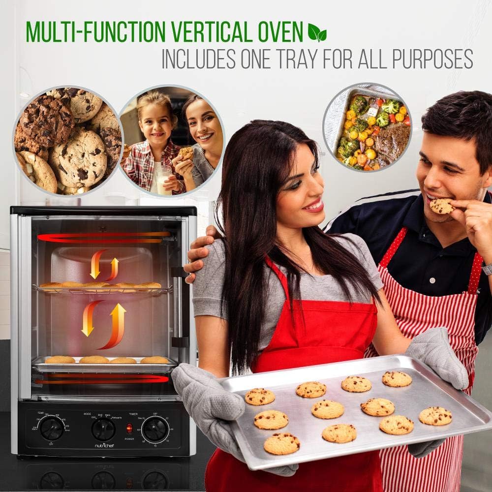 NutriChef Multi-Function Rotisserie Countertop Oven | 24 Quart Vertical Glass Door Convection Oven, for Rotisserie Roasting & Broiling | Timer & Temperature Control | 13.4 x 12.2 x 18.9