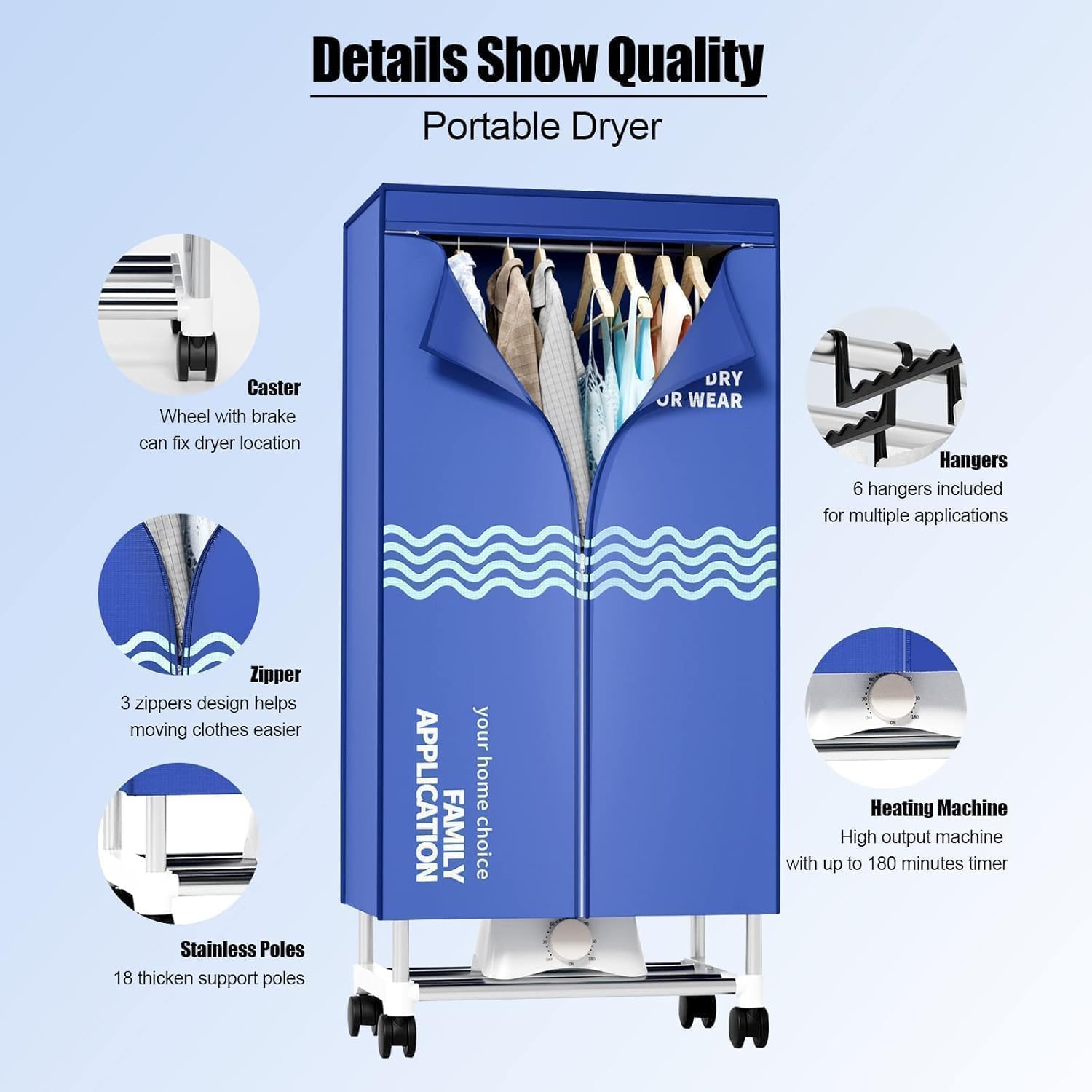 Clothes Dryer, Portable Drying Machine with Timer, 60inch Laundry Drying Wardrobe with Large Capacity, Electric Dryer/Rack for Home | Appartments (Blue ZU1)