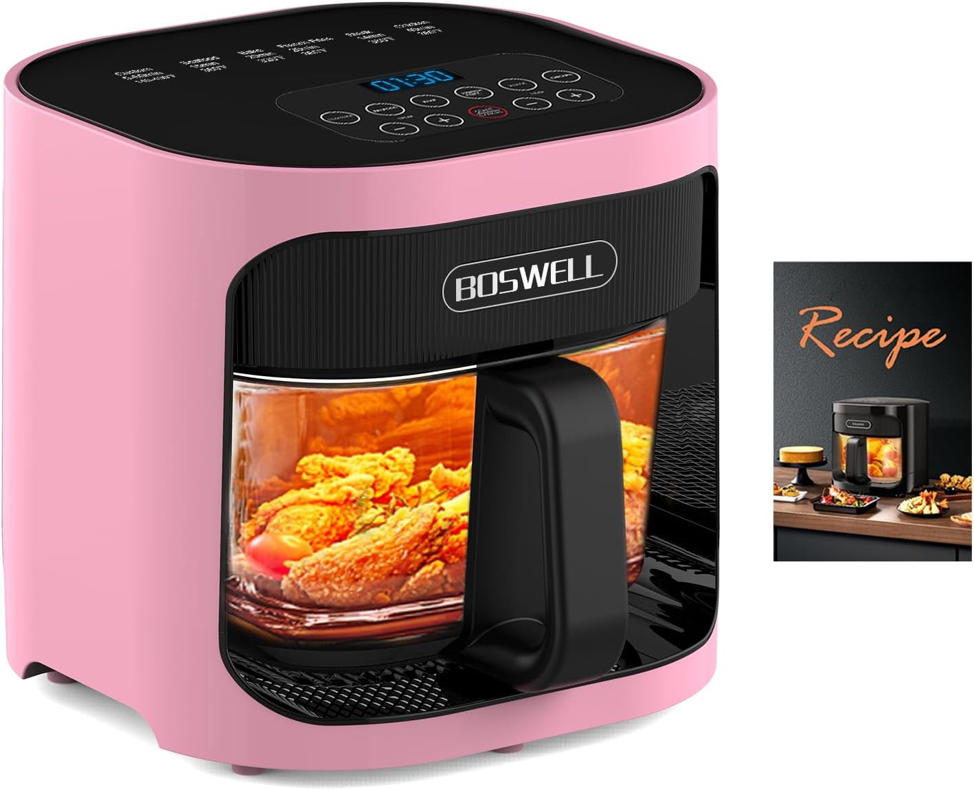 BOSWELL 6 in 1 Glass Air Fryer,4.5QT Air Fryer with Transparent Glass Pot,Circulating Air Heating, Bake, Broil, Air Fry, Temperature Control, Dishwasher Safe (Pink)