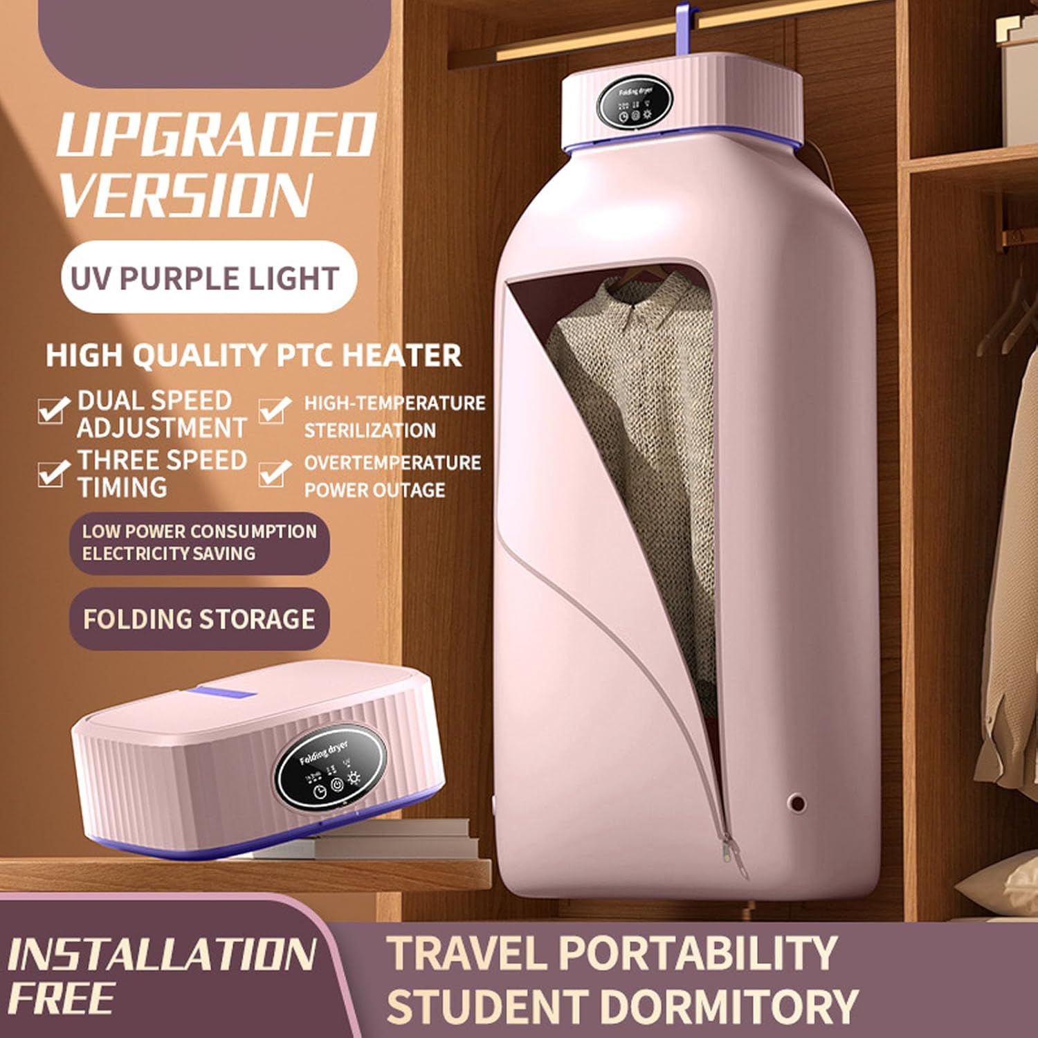 aqxreight Electric Portable Clothes Dryer, for Apartment, Dorm, RV, Light Clothes, Underwear, Baby Clothes, Quickly Drying, Timer (Roseate)