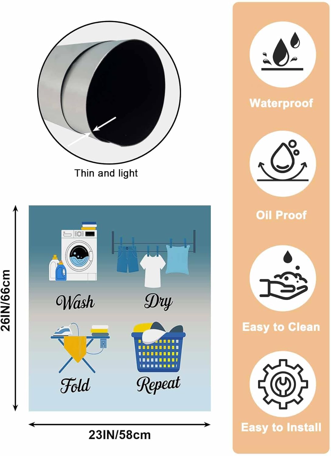 Blue Ombre Laundry Dishwasher Magnet Cover, Wash Dry Fold Repeat Refrigerator Magnets Covers for The Front Door, Reusable Dishwasher Panel Fridge Decal Cover for Home Appliance Decor 23''x26''