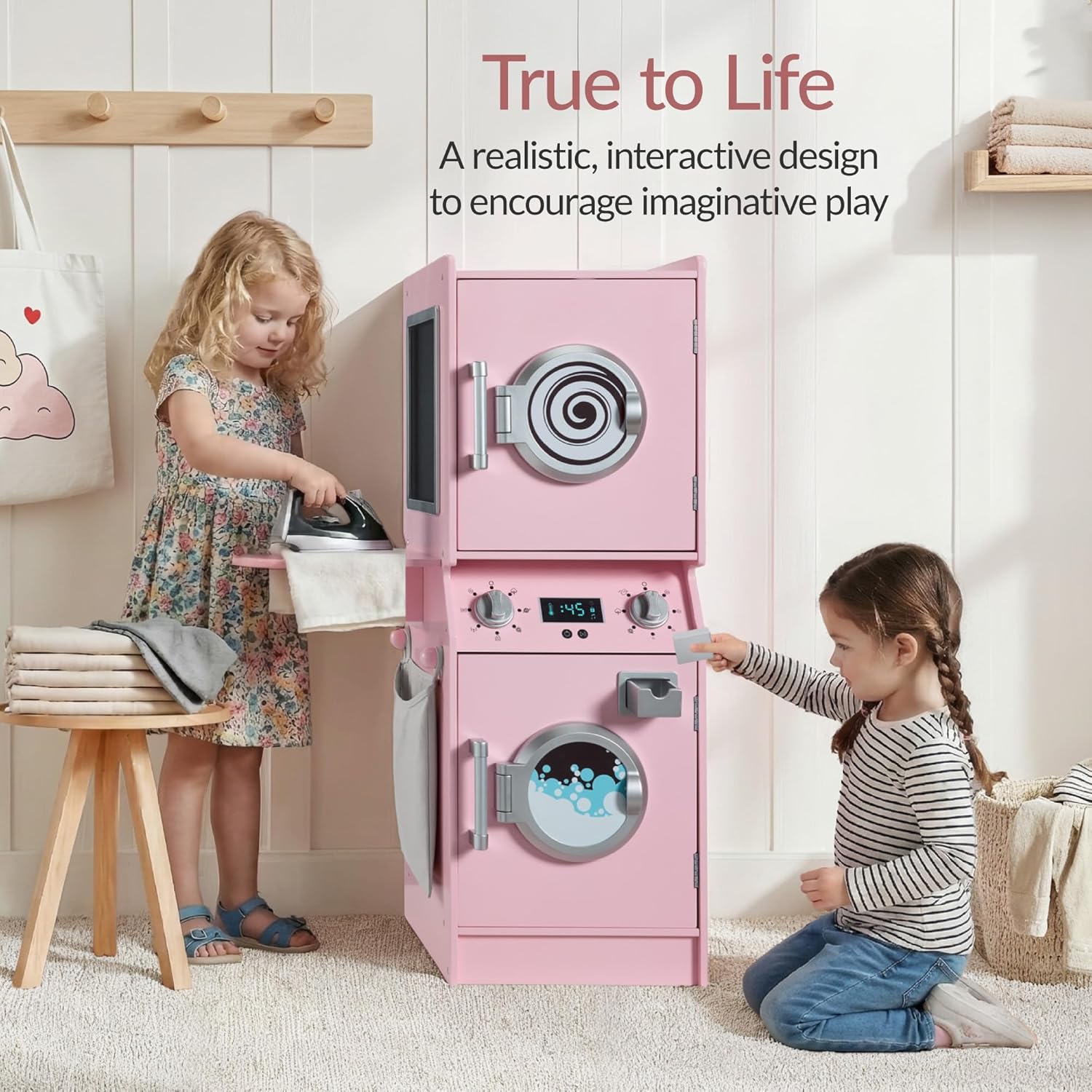 Best Choice Products Pretend Play Kids Wooden Stacked Washer & Dryer Set with Toy Laundry Storage, Space-Saving Design, with Accessories - Pink