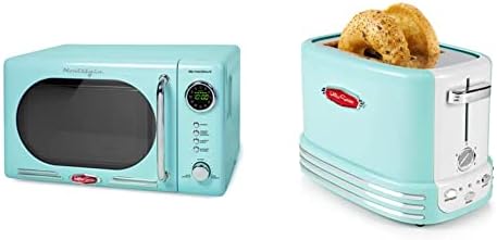 Nostalgia Retro Compact Countertop Microwave Oven, 0.7 Cu. Ft. 700-Watts with LED Digital Display & Retro Wide 2-Slice Toaster, Vintage Design With Crumb Tray, Cord Storage & 5 Toasting Levels, Aqua